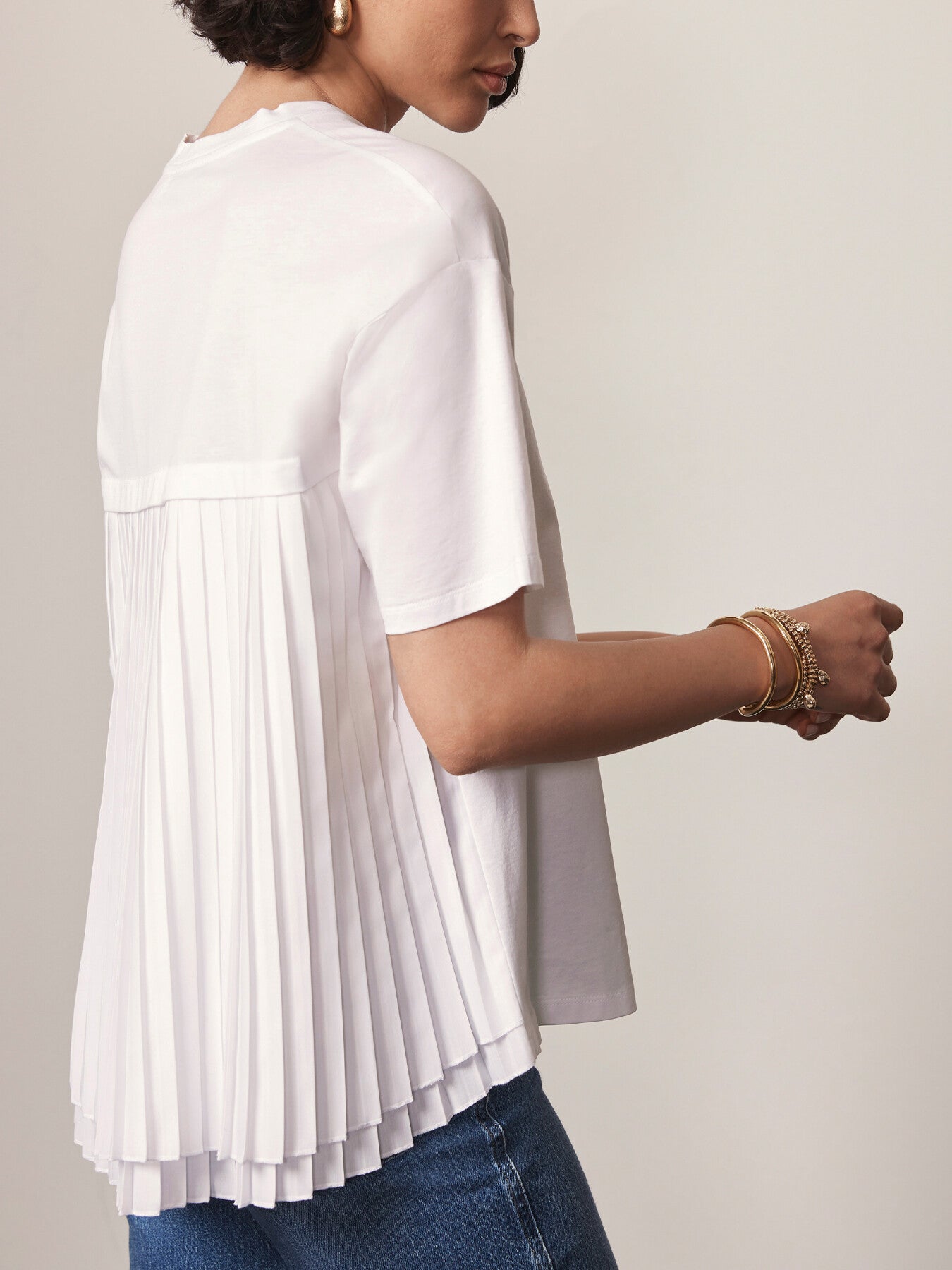 White Cotton Blend Pleated T-Shirt