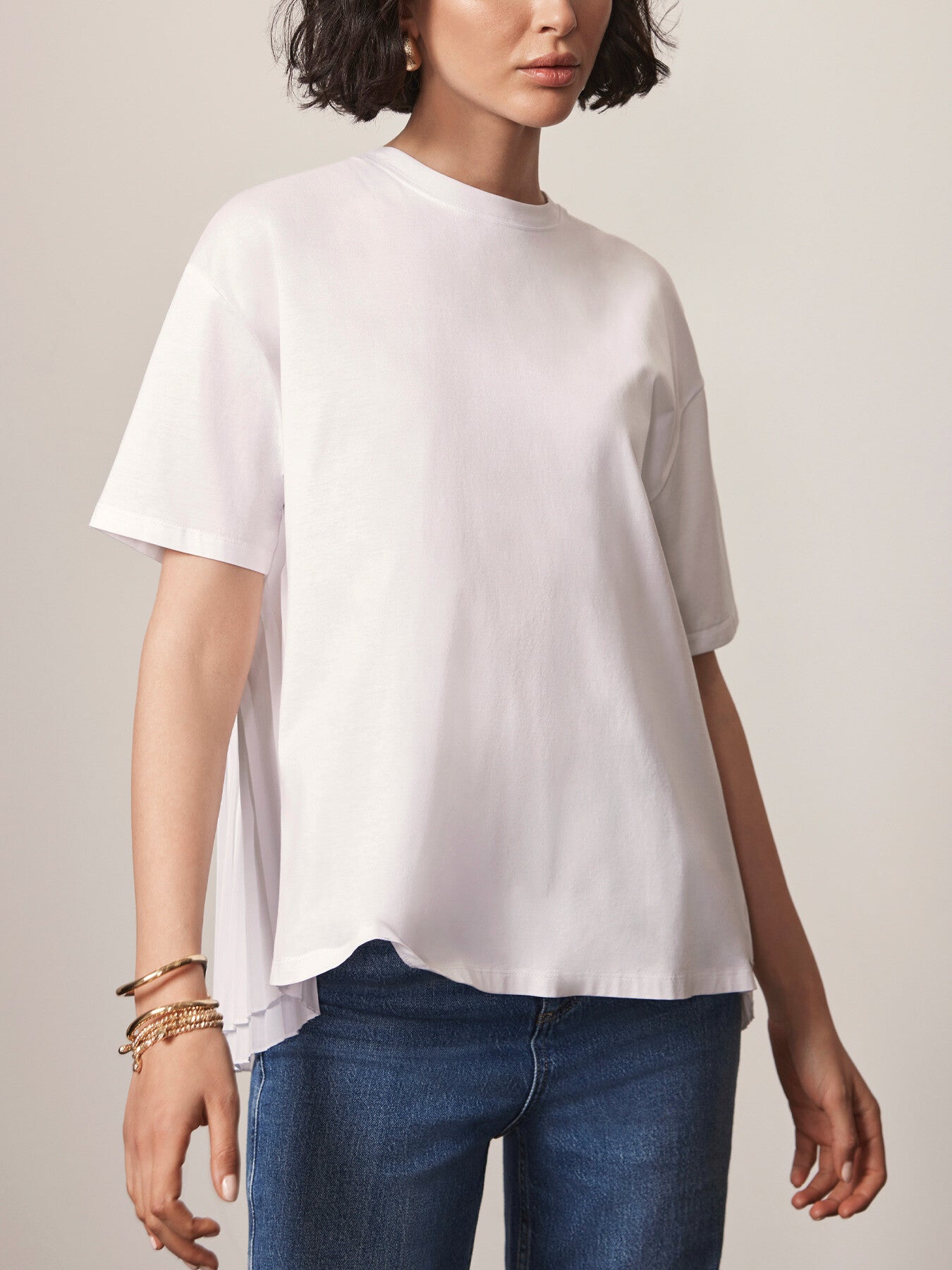 White Cotton Blend Pleated T-Shirt