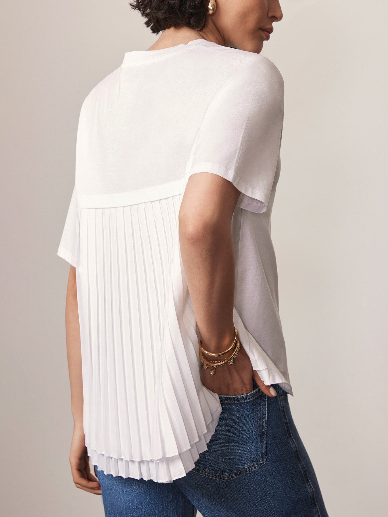 White Cotton Blend Pleated T-Shirt