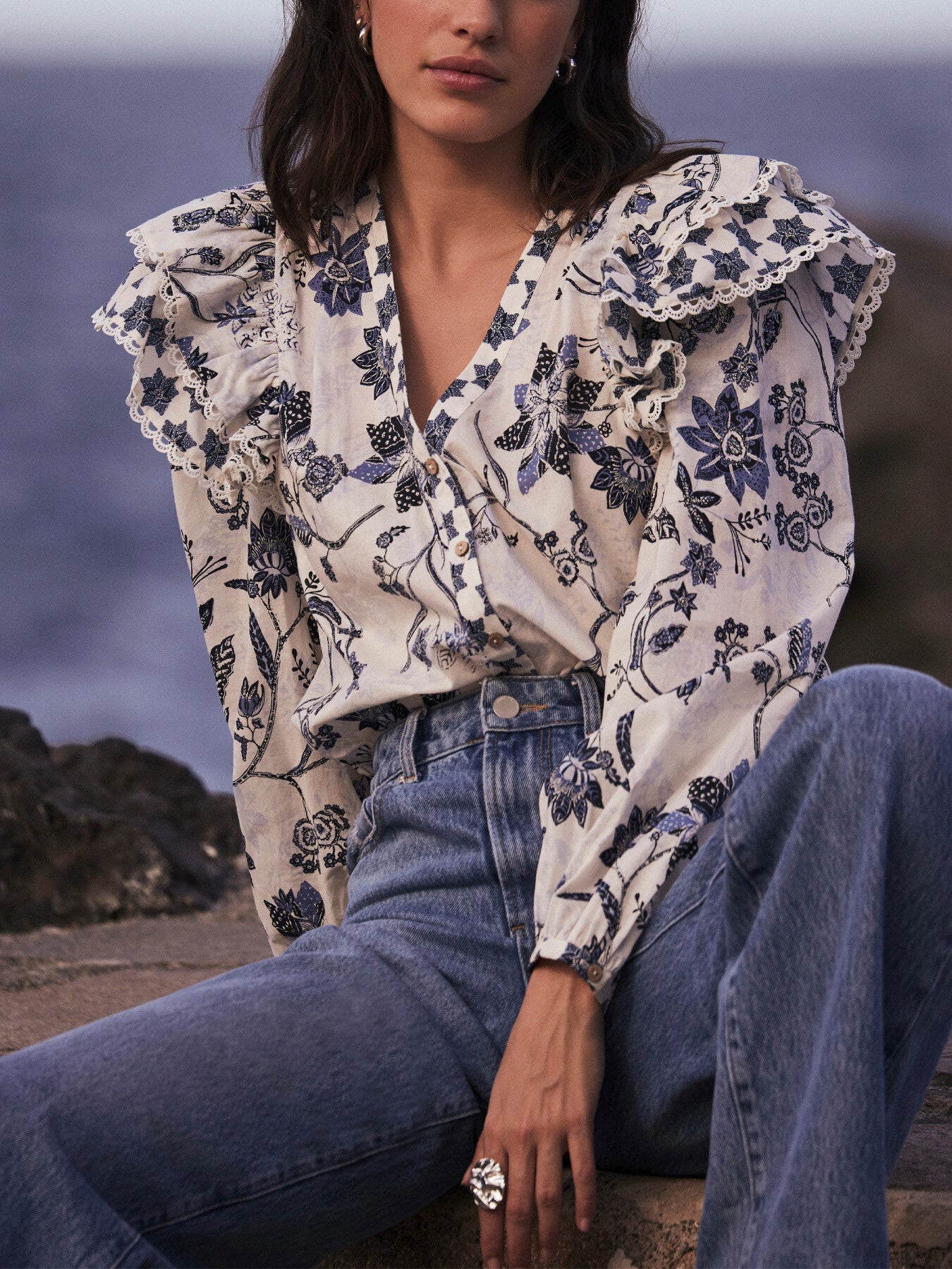 White Floral Cotton Blouse