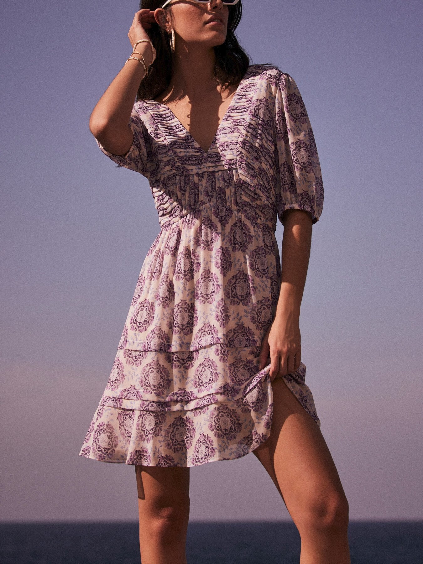 Lilac Floral Pleat Mini Dress