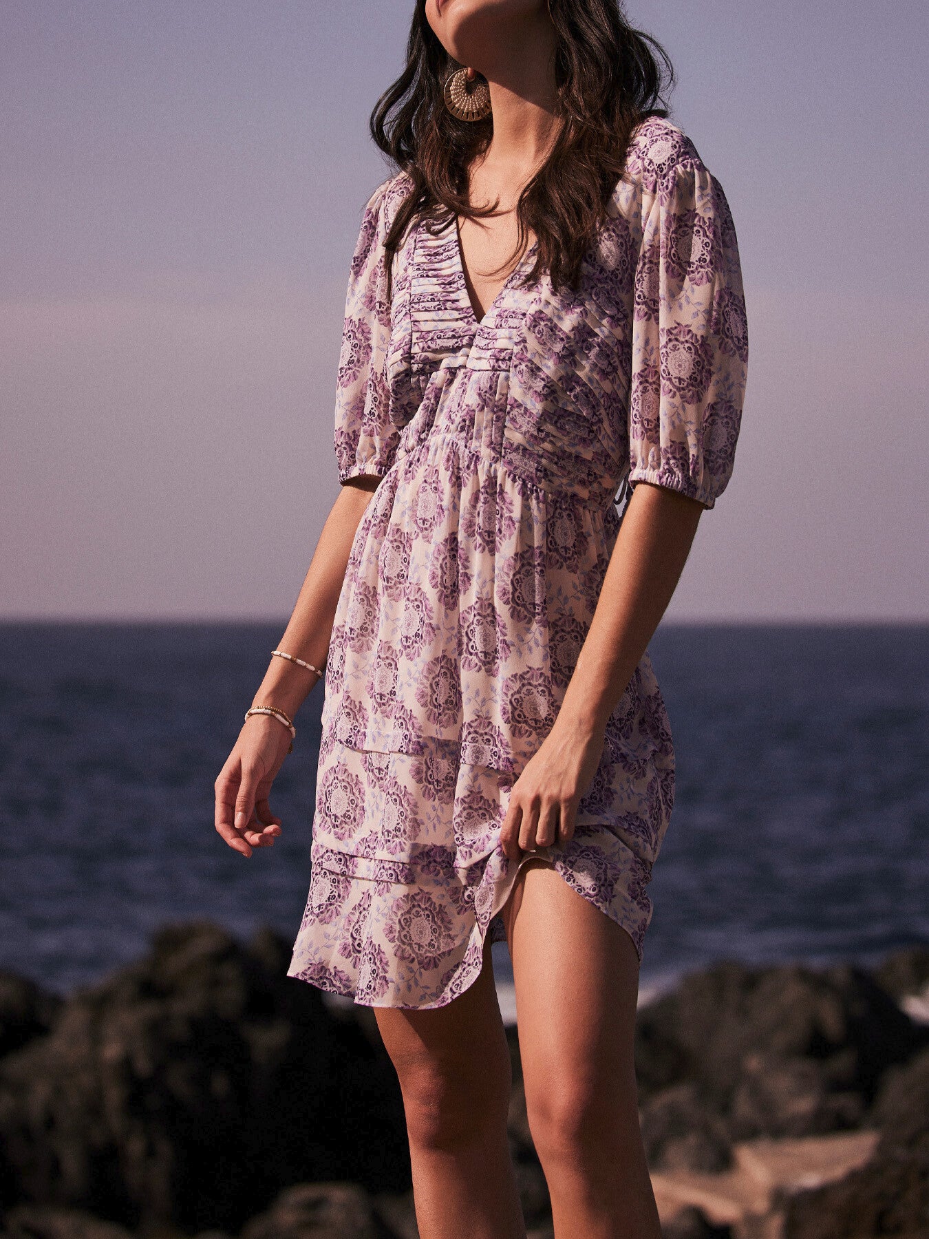 Lilac Floral Pleat Mini Dress