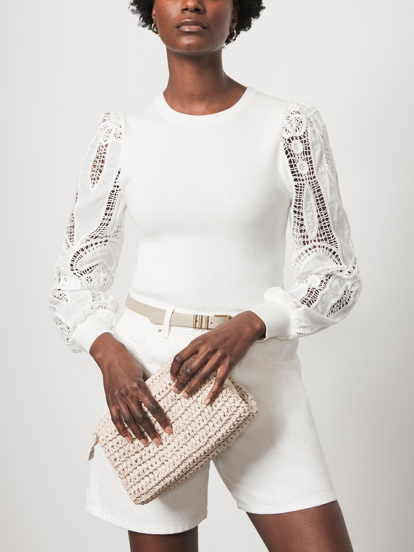 White Cotton Blend Lace Sleeve Jumper