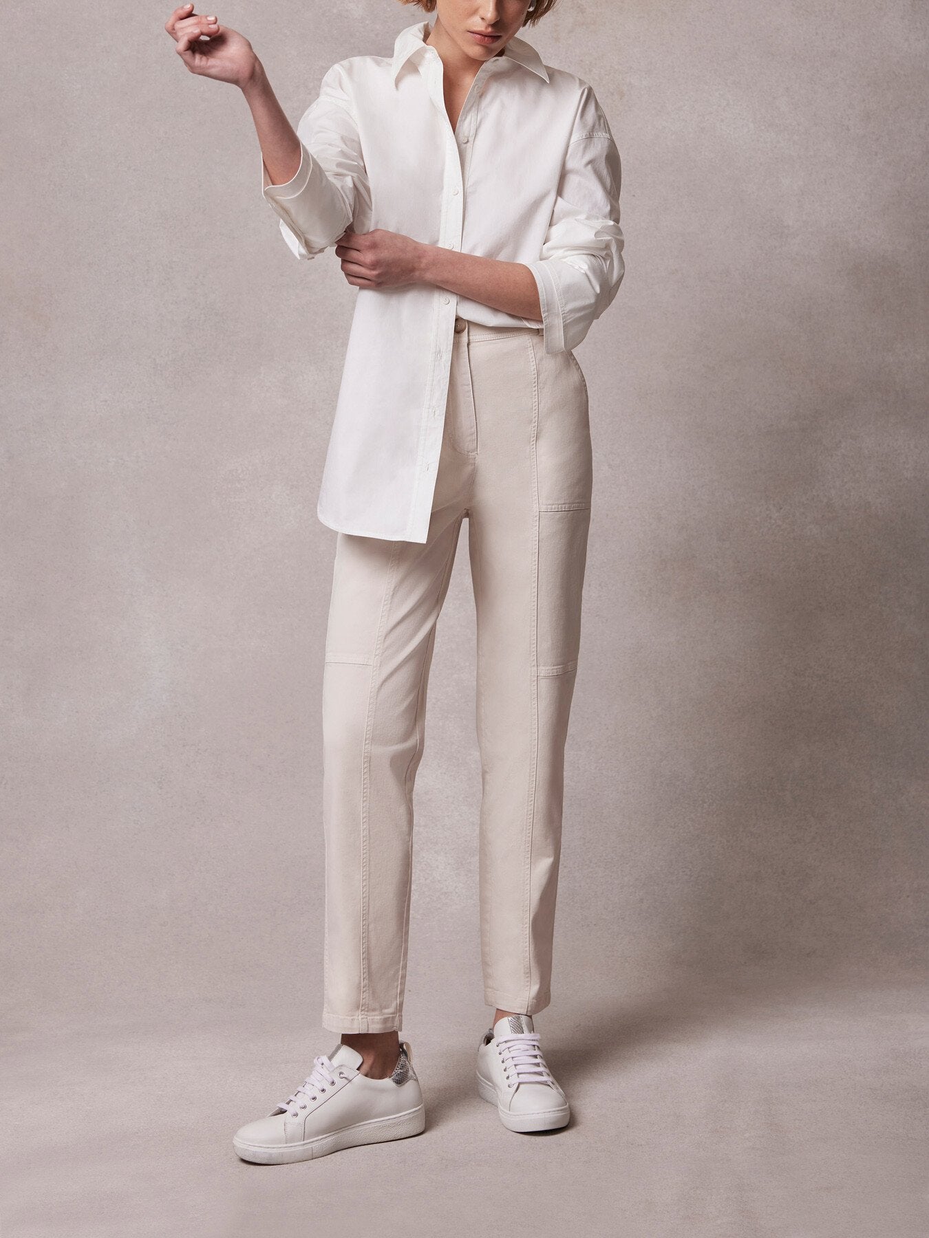 Beige Cotton Blend Tapered Chinos
