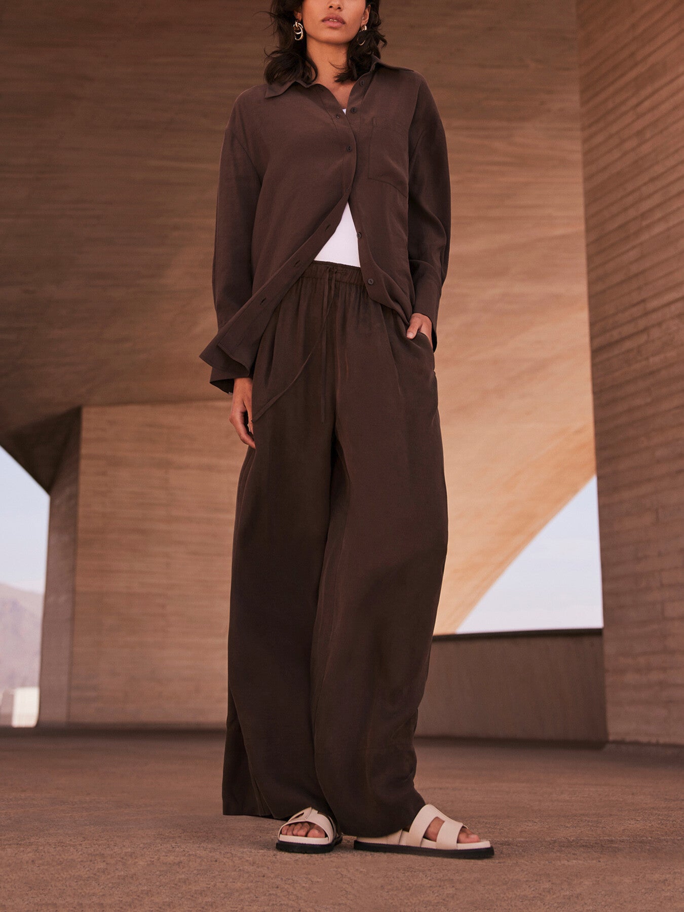 Brown Drawstring Wide Trousers