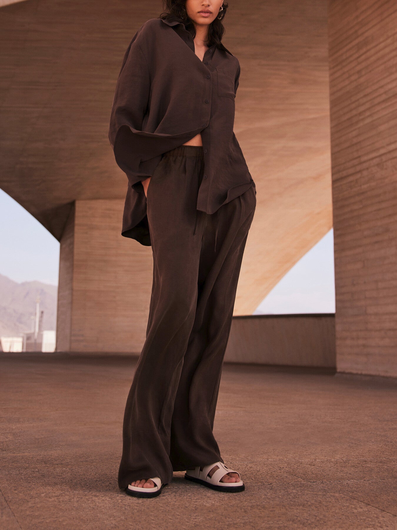Brown Drawstring Wide Trousers