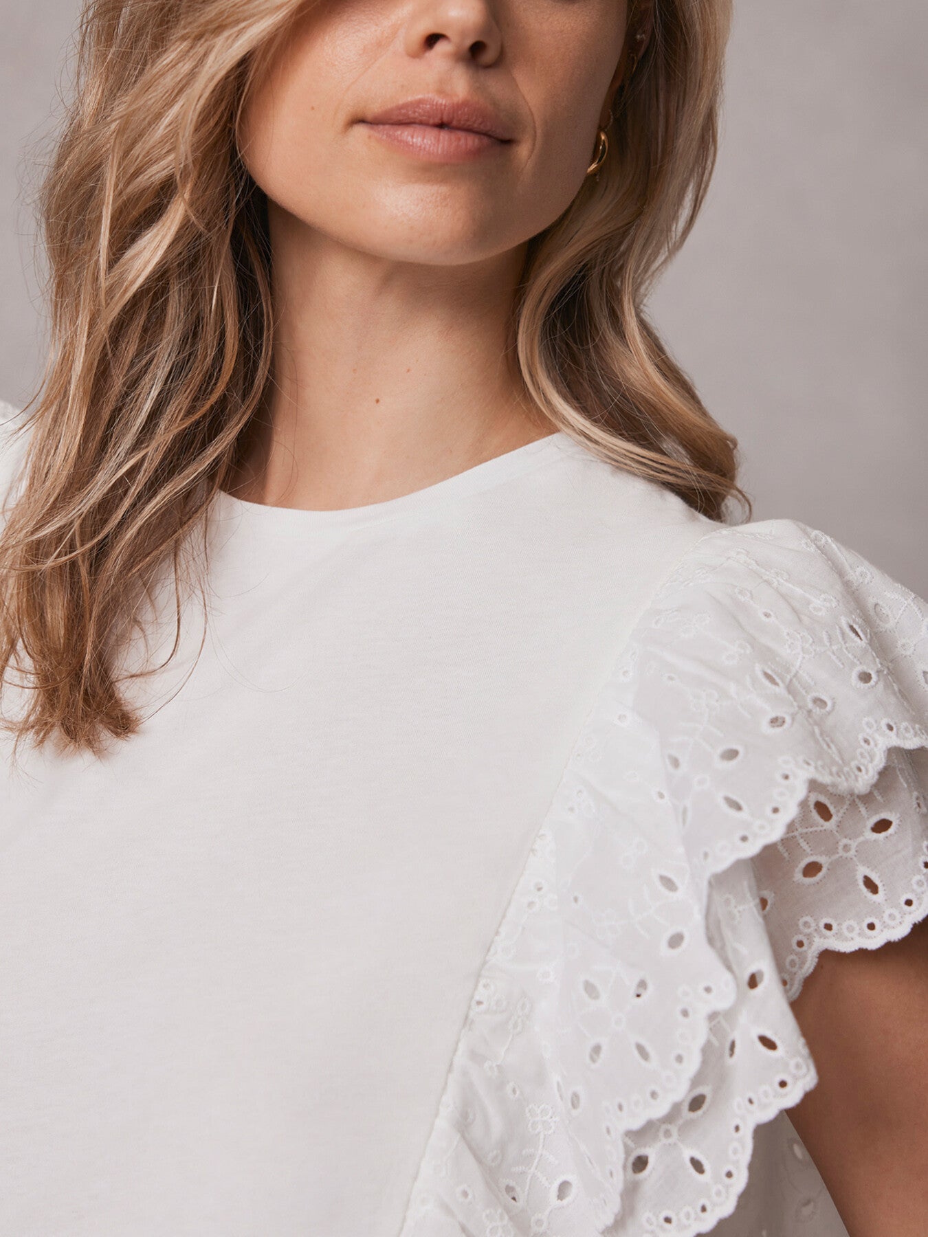 White Cotton Broderie Ruffle Top