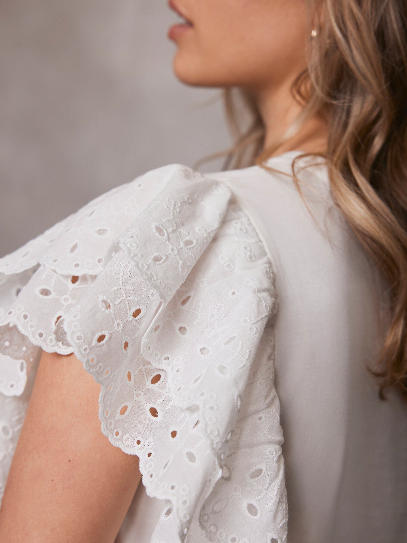 White Cotton Broderie Ruffle Top