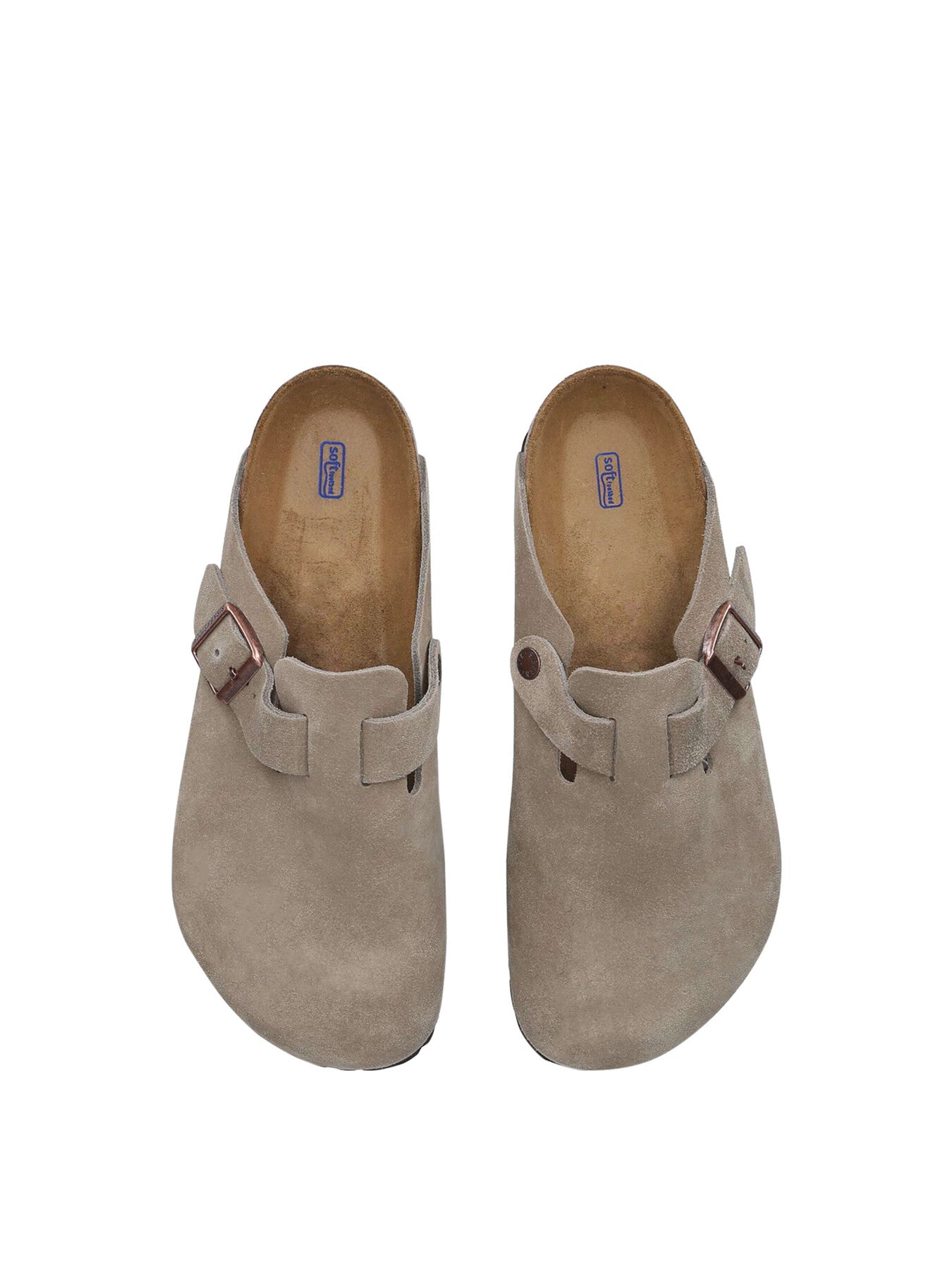 Boston Buckle Suede Clogs Taupe
