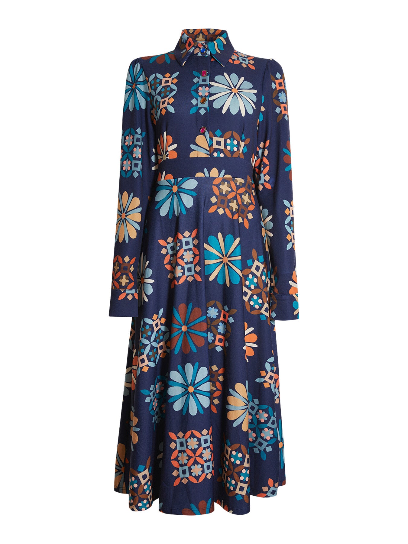 Jewelled Button Print Midi Dress