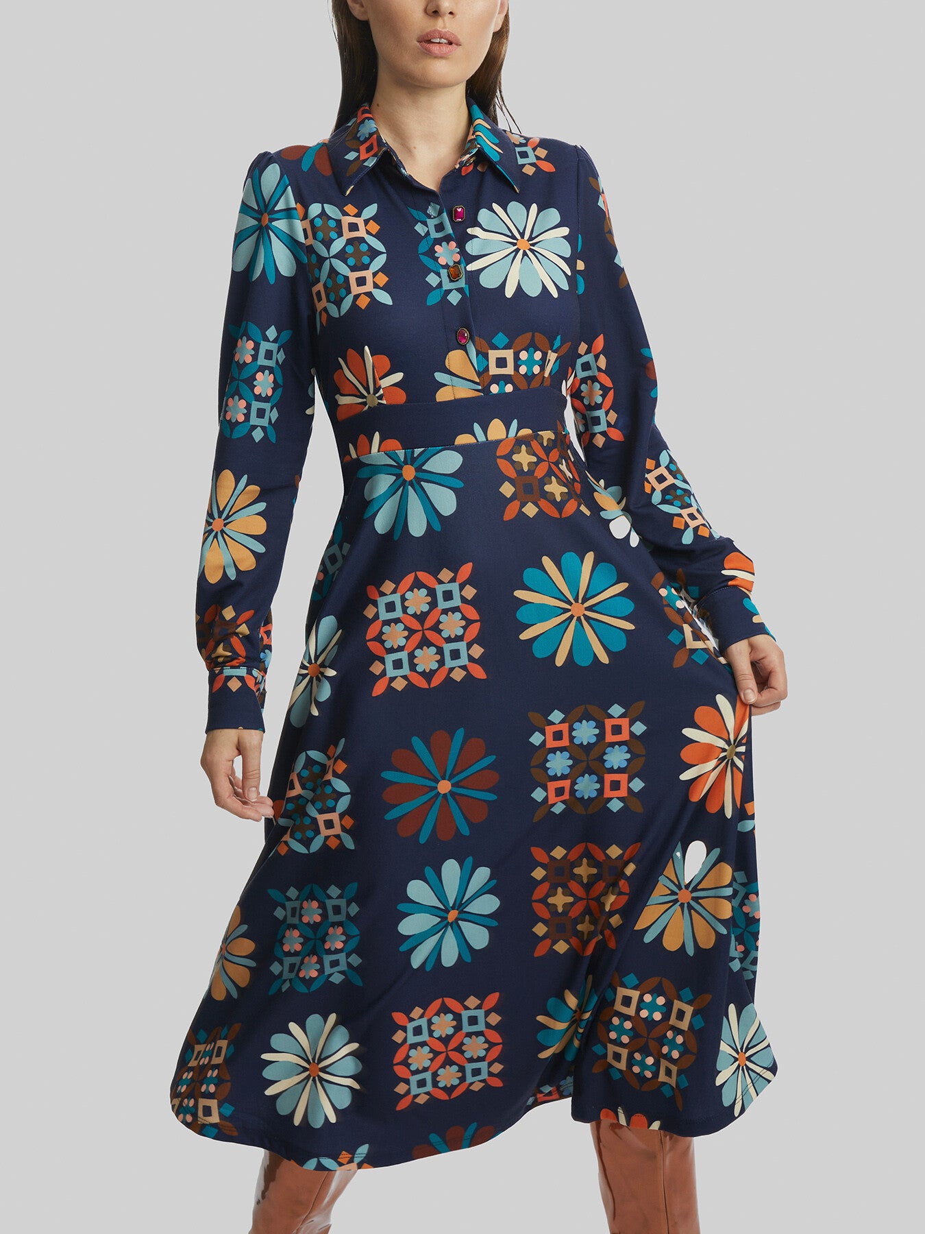 Jewelled Button Print Midi Dress