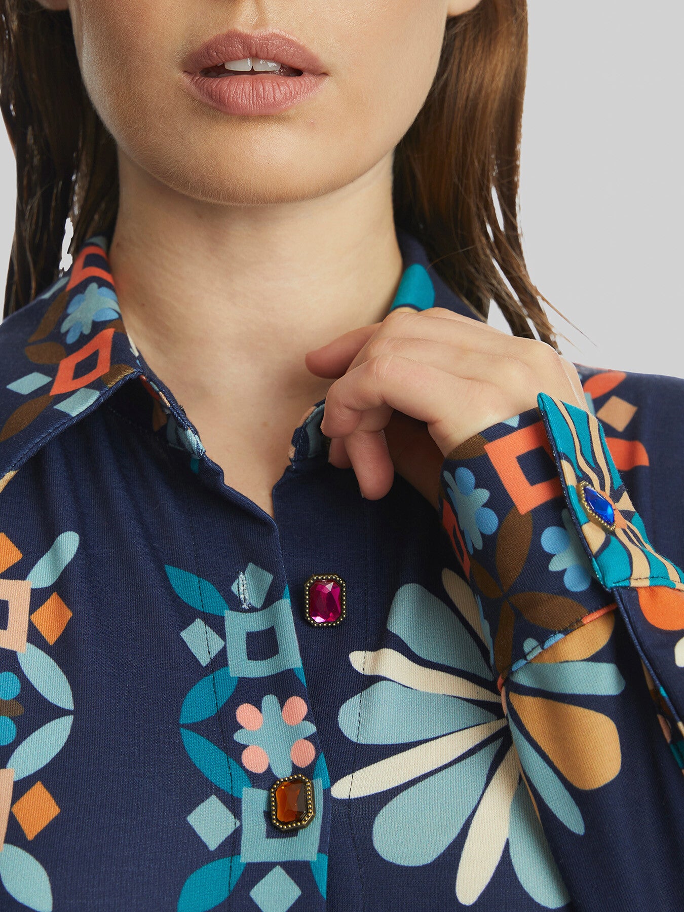 Jewelled Button Print Midi Dress
