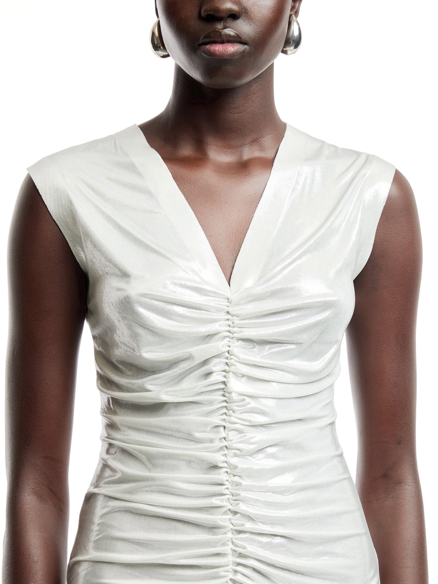Sleeveless V-Neck Shirred Dress
