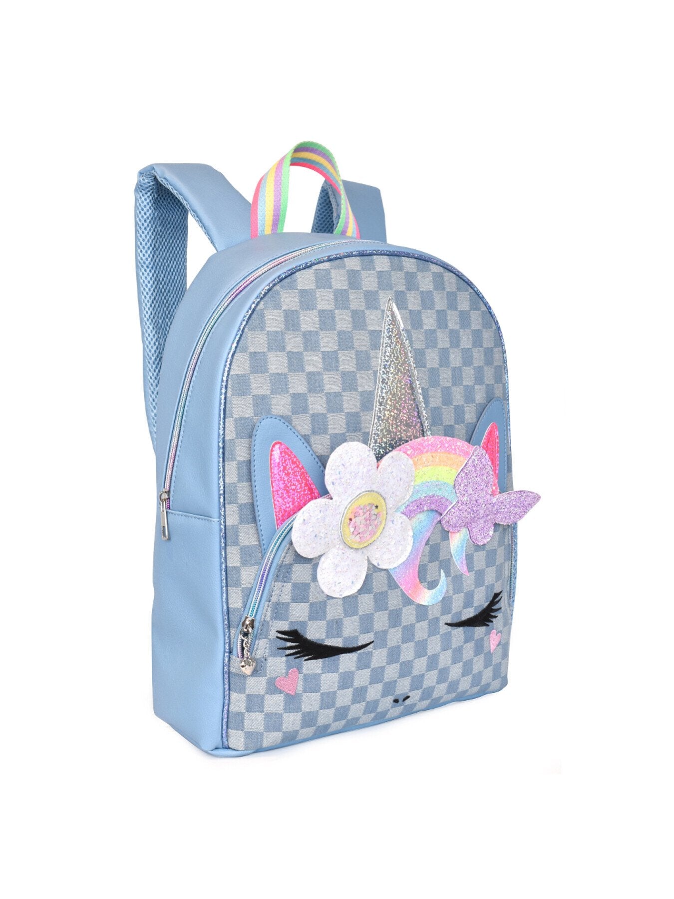 Gwen Daisy Rainbow Butterfly Crown Checkerboard Denim Backpack