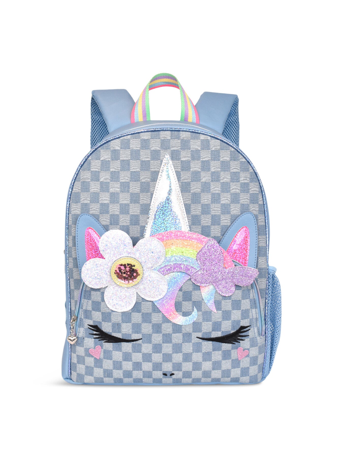 Gwen Daisy Rainbow Butterfly Crown Checkerboard Denim Backpack