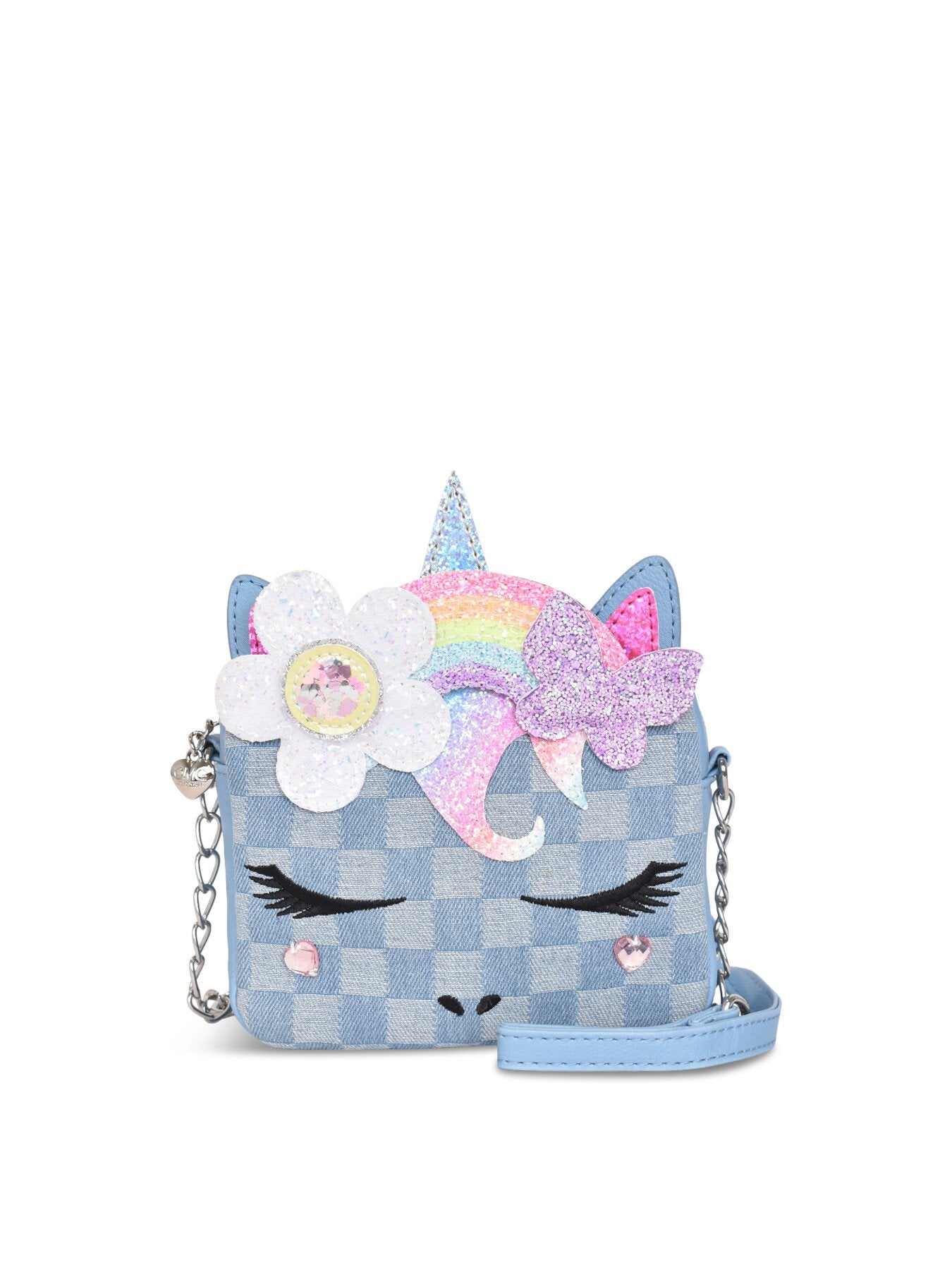 Gwen Daisy Butterfly Rainbow Crown Checkerboard Denim Crossbody Bag