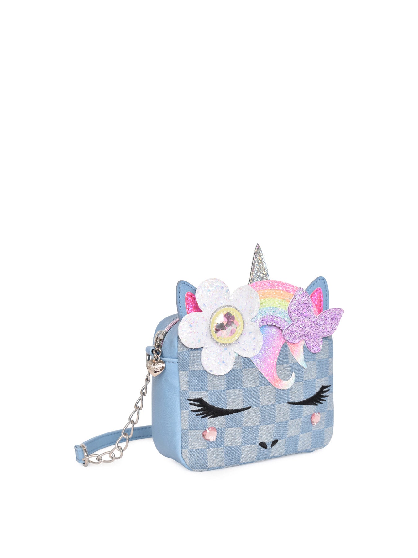 Gwen Daisy Butterfly Rainbow Crown Checkerboard Denim Crossbody Bag