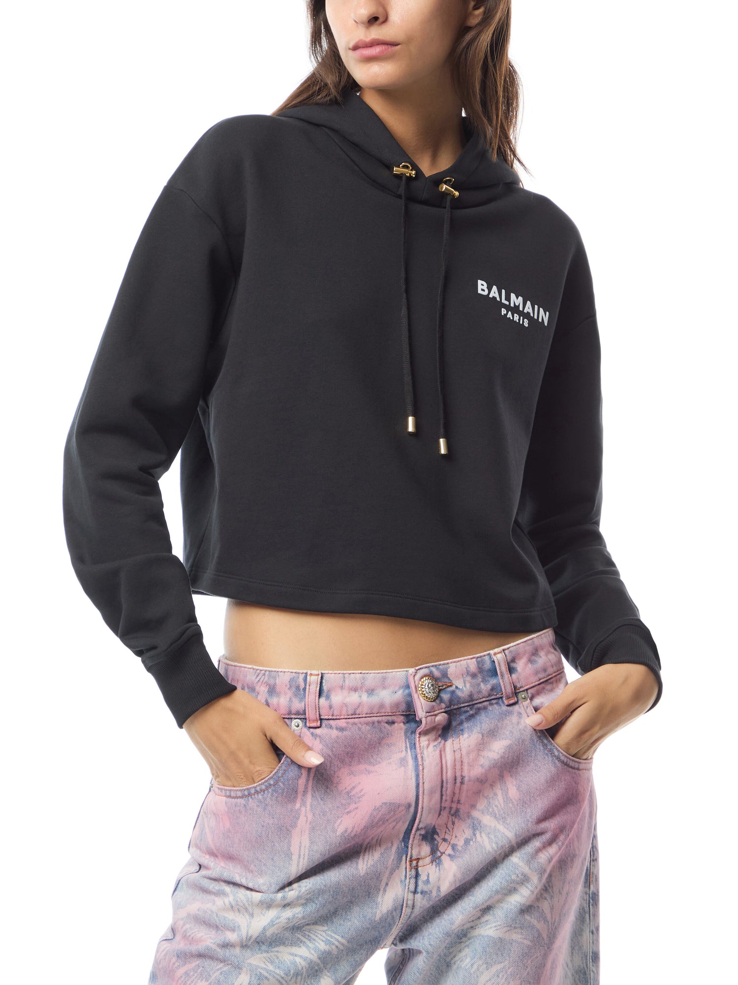 Cropped Flocked Organic Cotton-Jersey Hoodie
