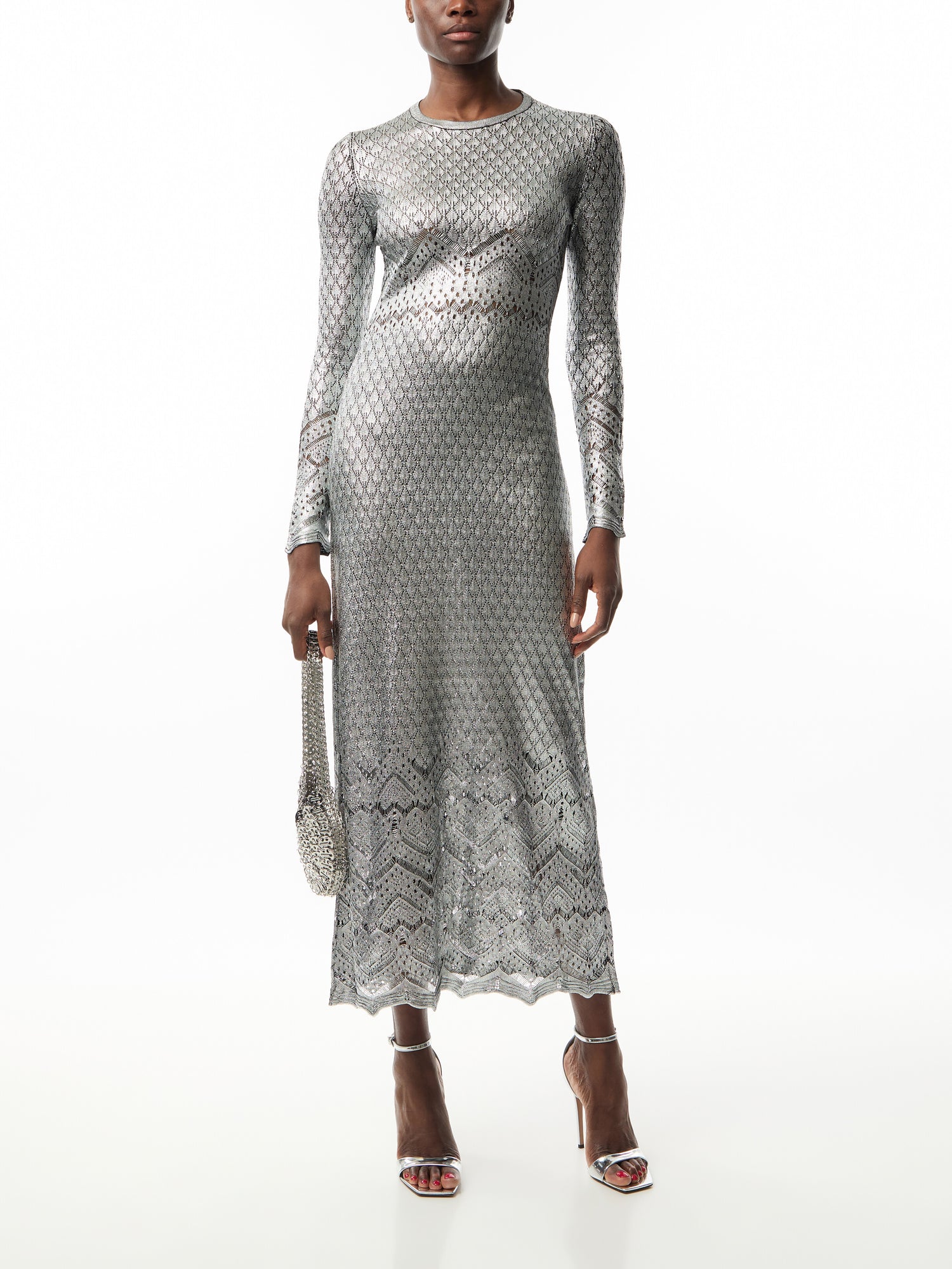 Long Lace Silver Midi Dress