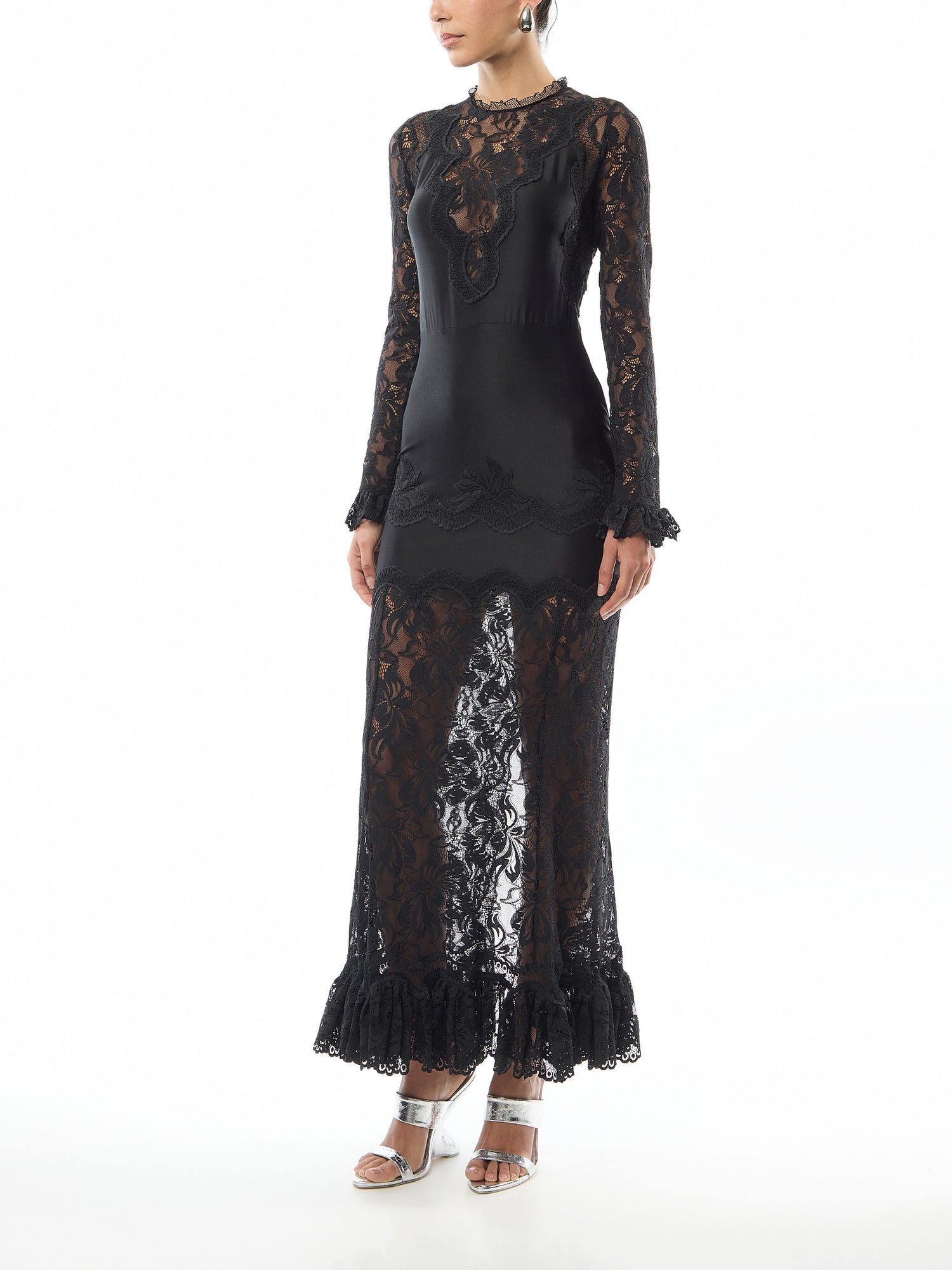 Robe Lace Long Sleeved Ruched Midi Dress