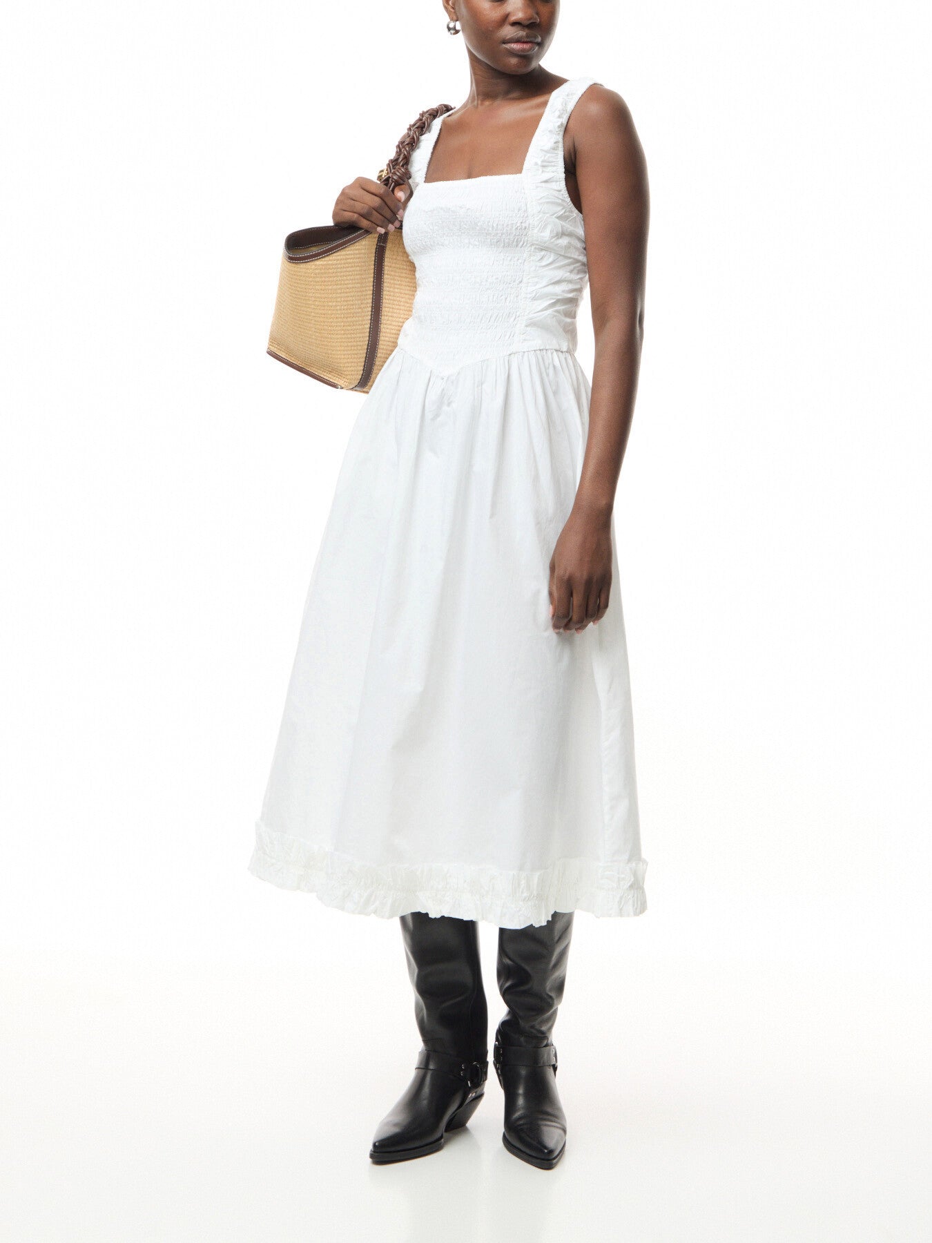 Cotton Poplin Midi Strap Smock Dress