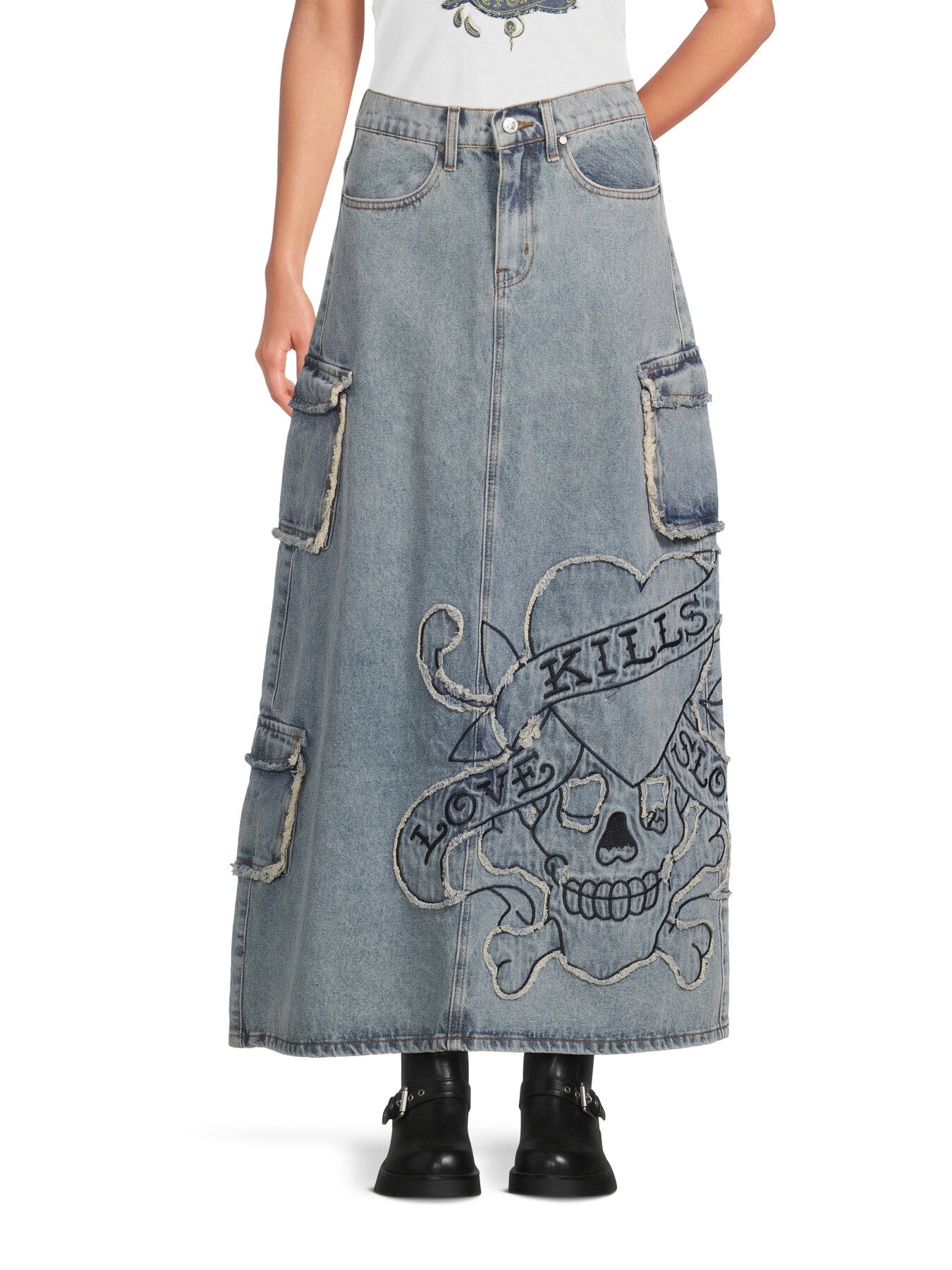 Raw Edge Denim Maxi Skirt