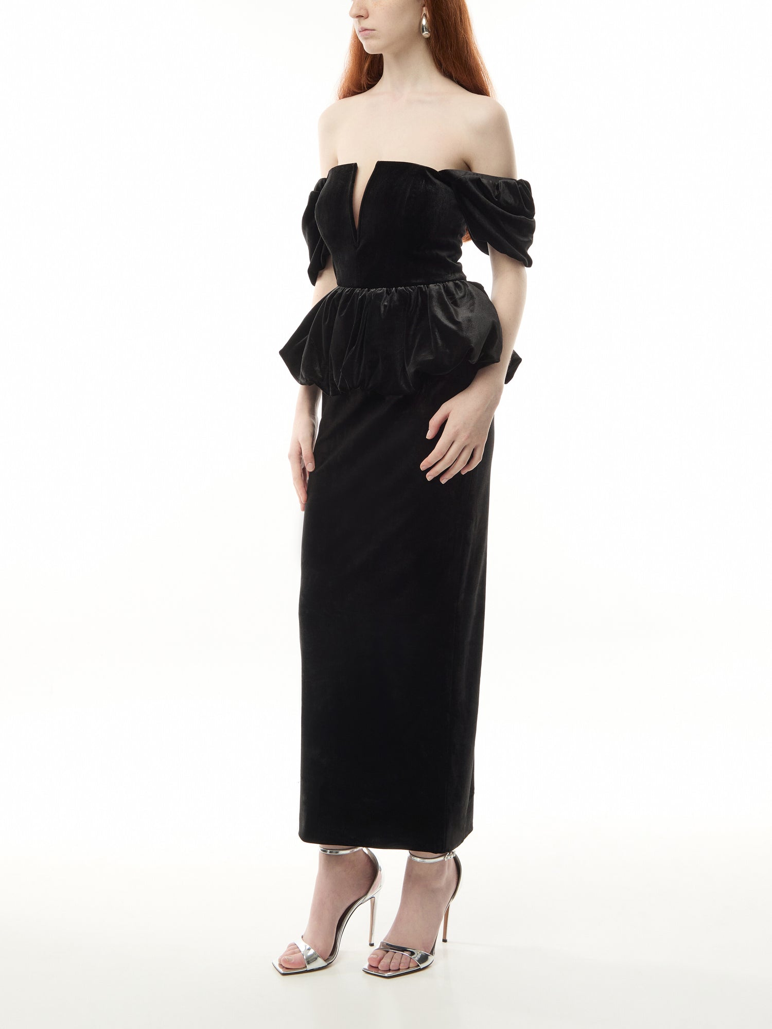 Black Velvet Peplum Midi Dress
