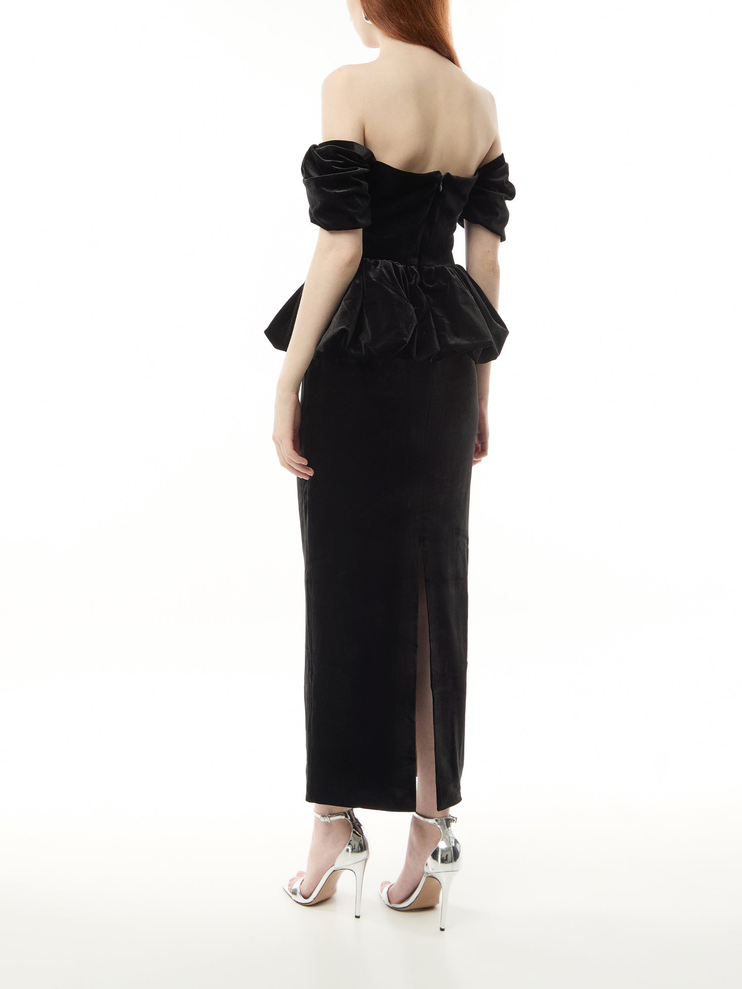 Black Velvet Peplum Midi Dress
