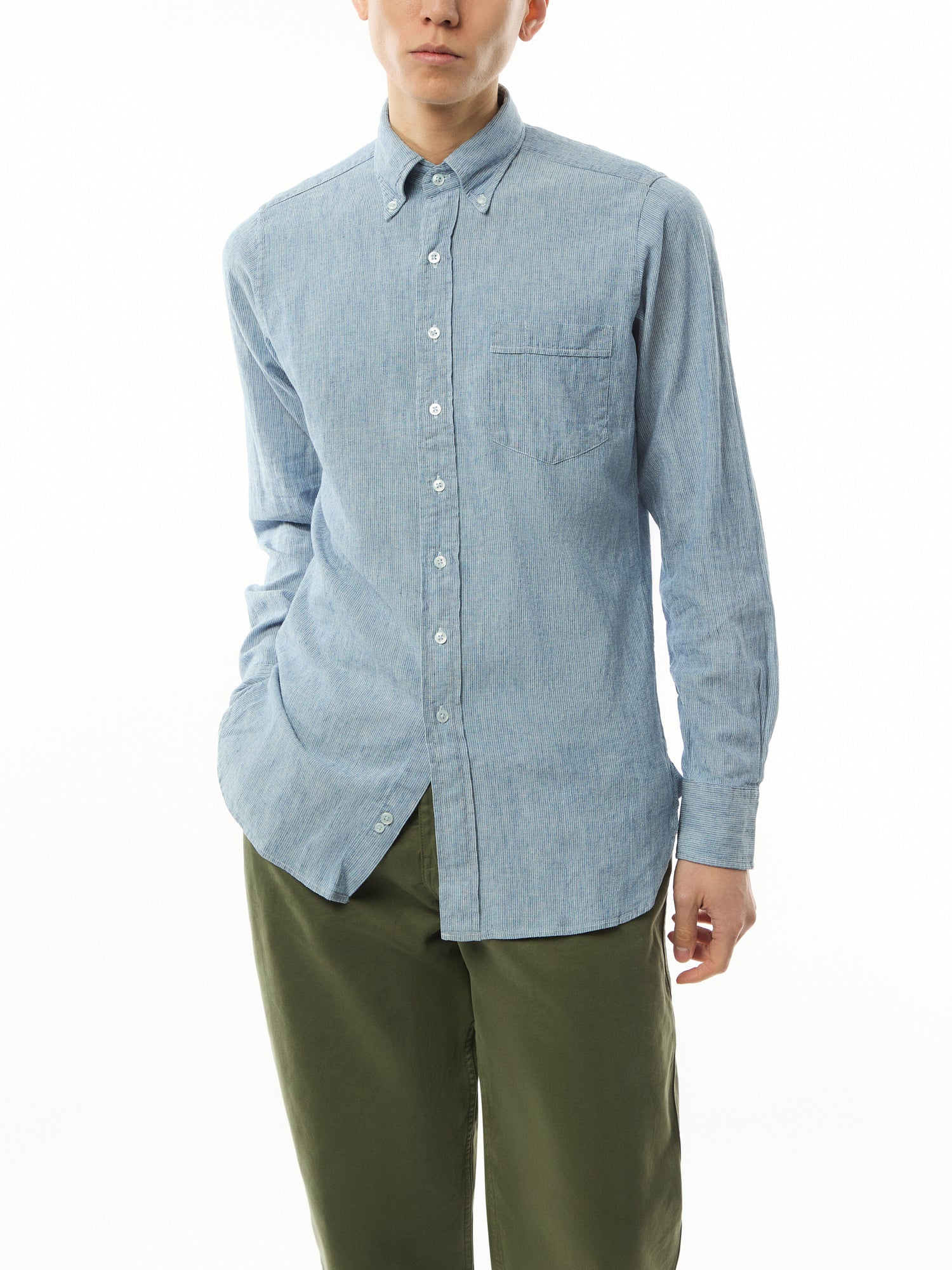 Woven Striped Denim Button Down Shirt
