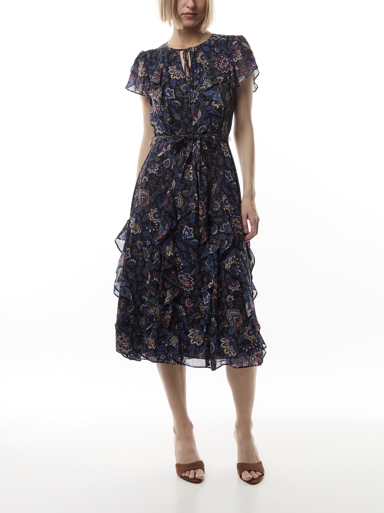 Floral Ruffle-Trim Georgette Dress