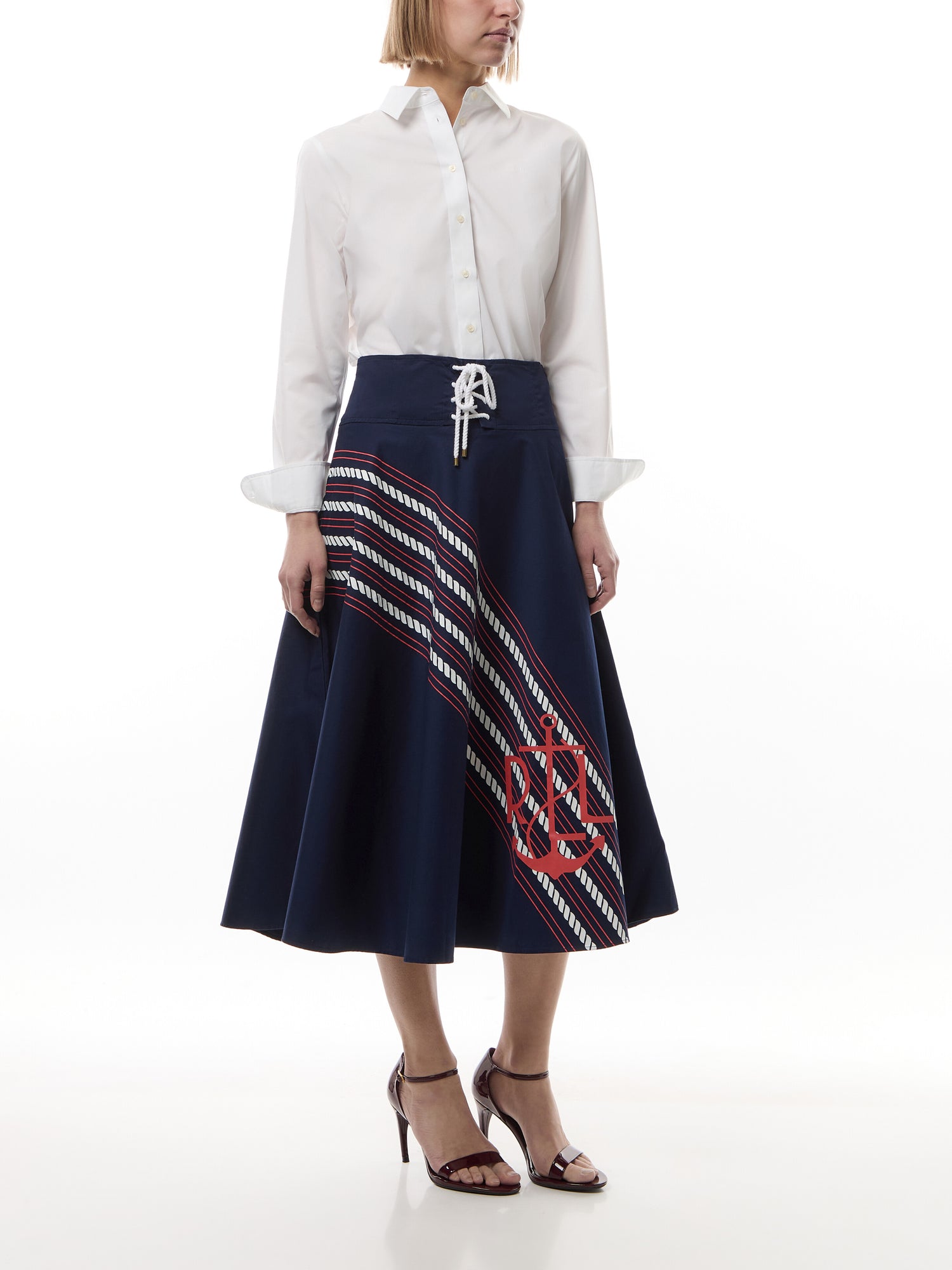 Rope-Print Twill Lace-Up Midi Skirt