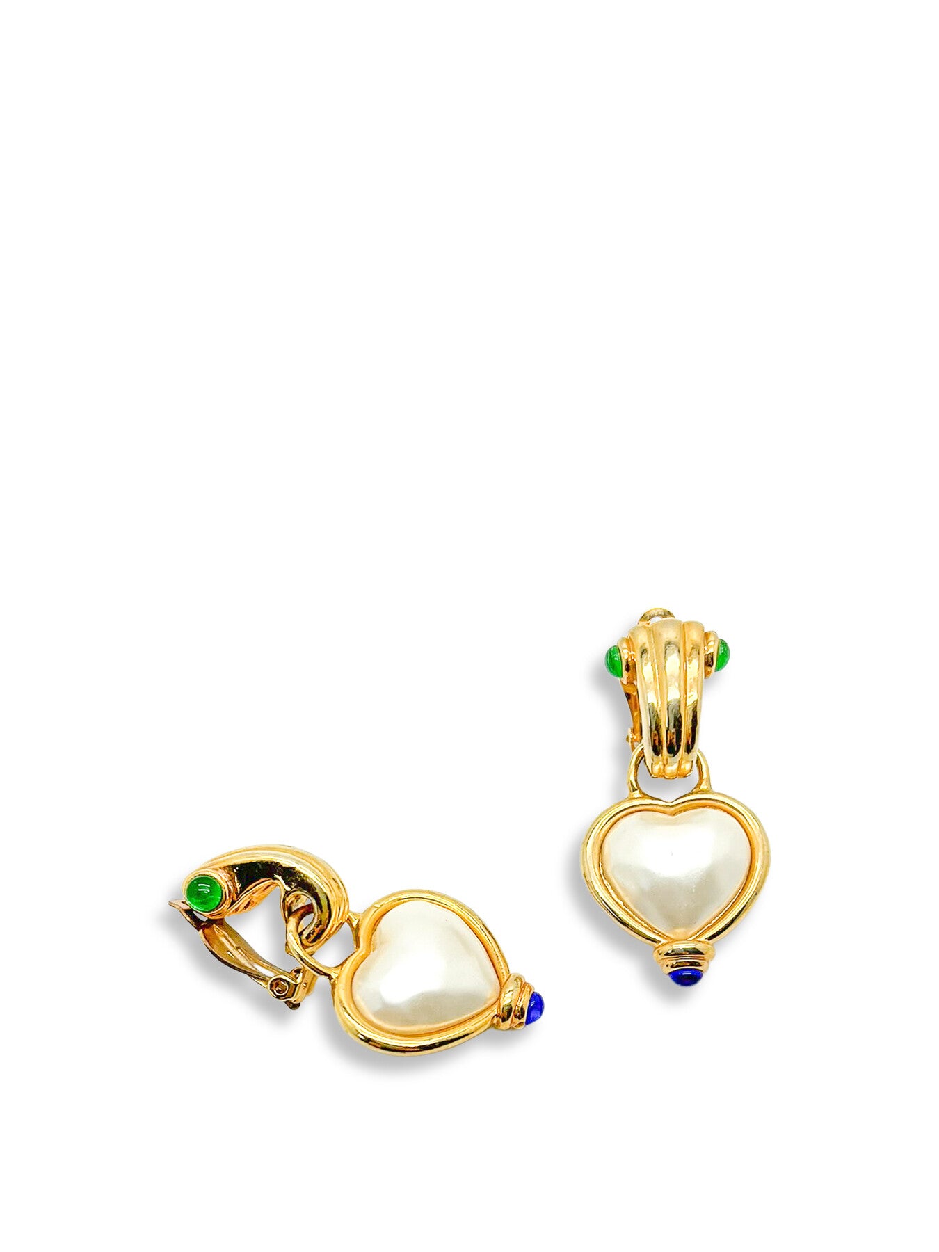 Vintage Gold Pearl Heart with Cabochons Earrings