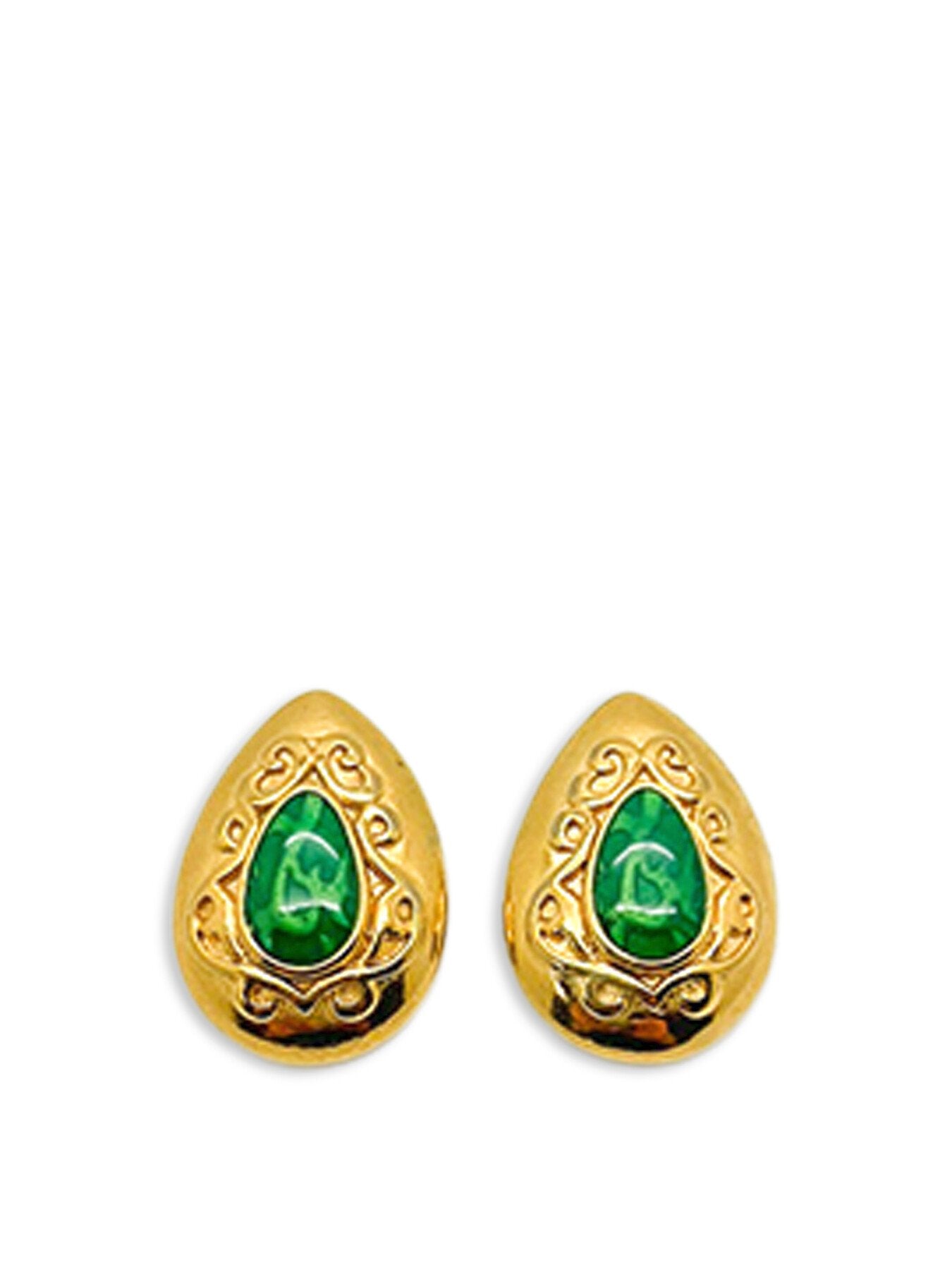 Vintage Gold and Green Cabochon Teardrop Earrings