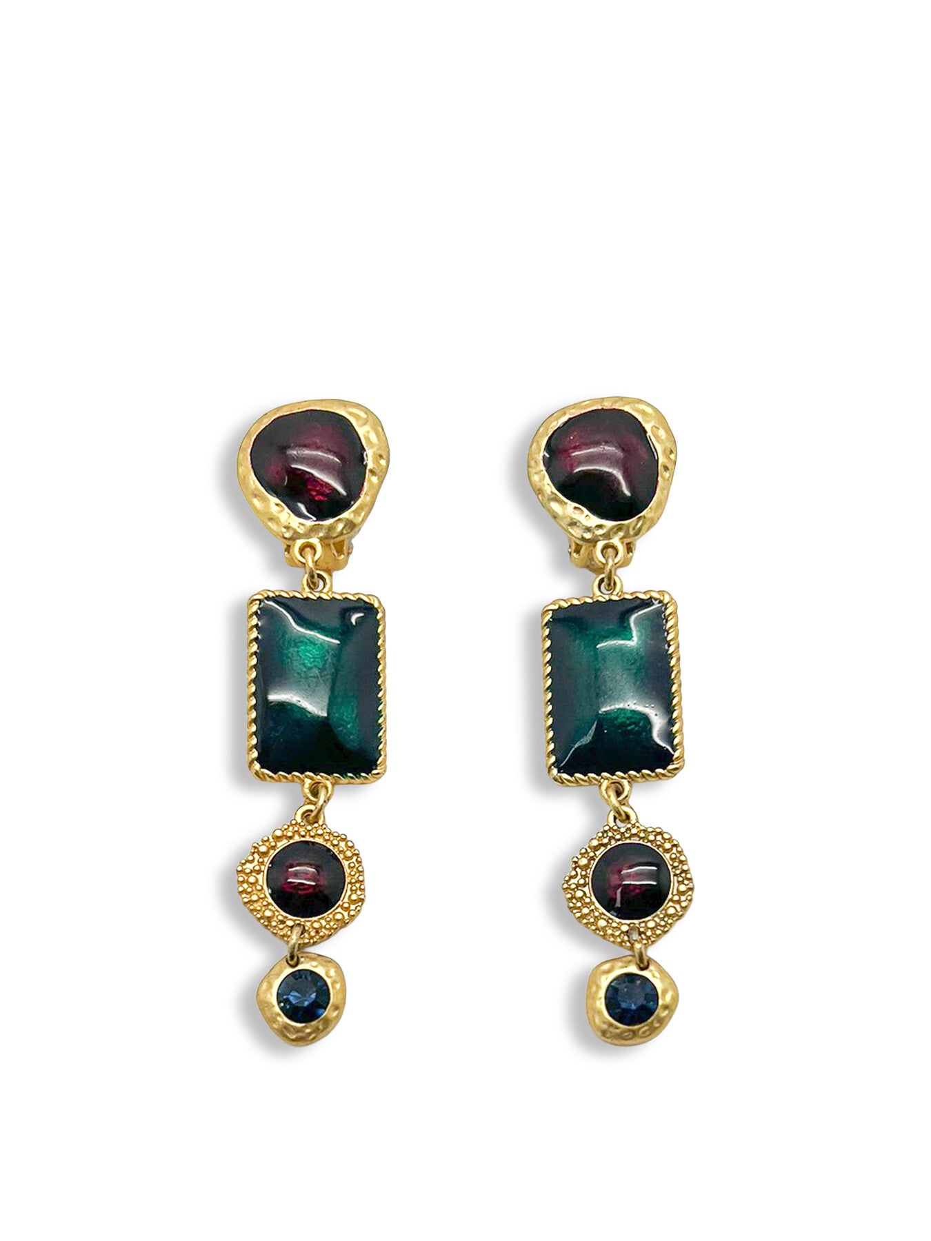 Vintage Statement Brushed Gold Enamelled Drop Earrings
