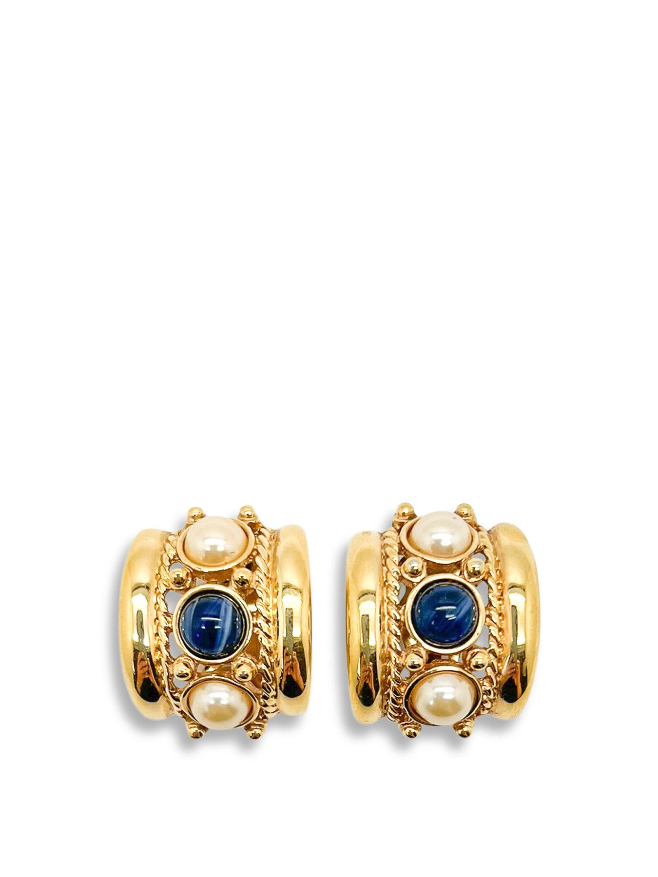Vintage JOAN RIVERS Cabochon Sapphire and Pearl Gold Huggies
