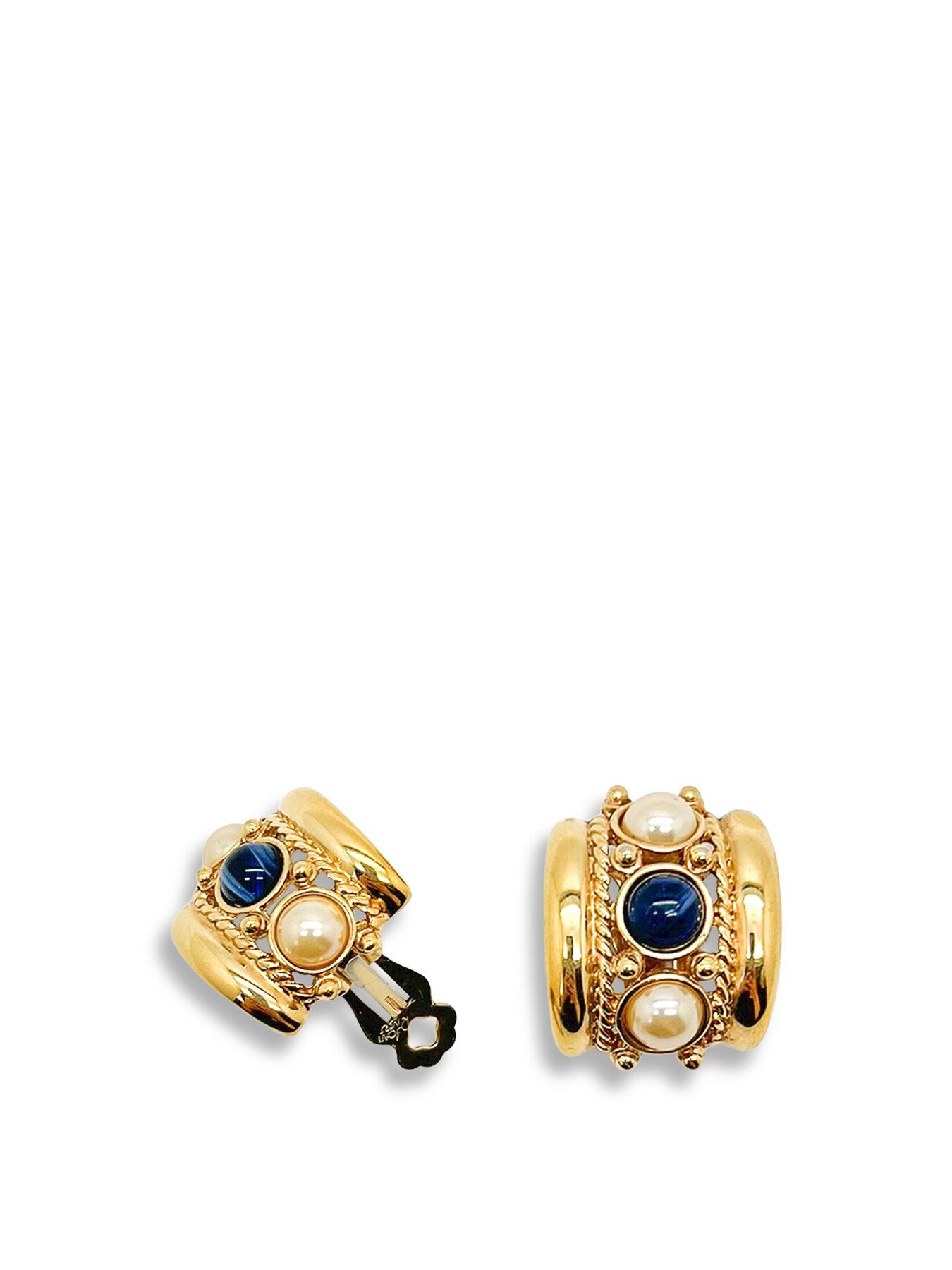 Vintage JOAN RIVERS Cabochon Sapphire and Pearl Gold Huggies