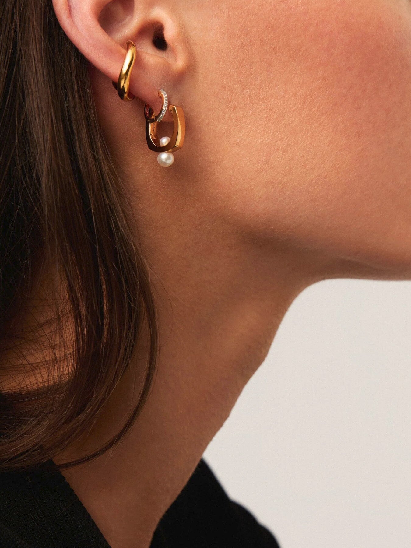Button Pearl Square Small Hoop Earrings