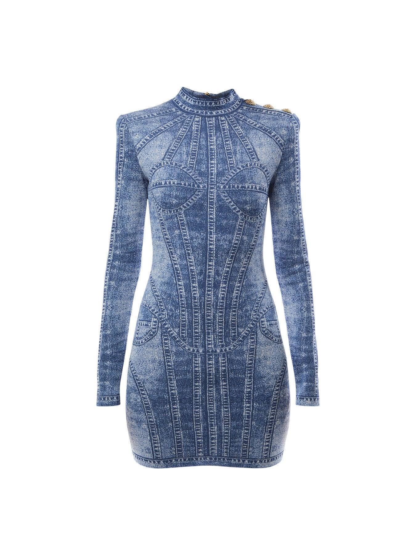 Short Jacquard Knit Dress with Denim Effect