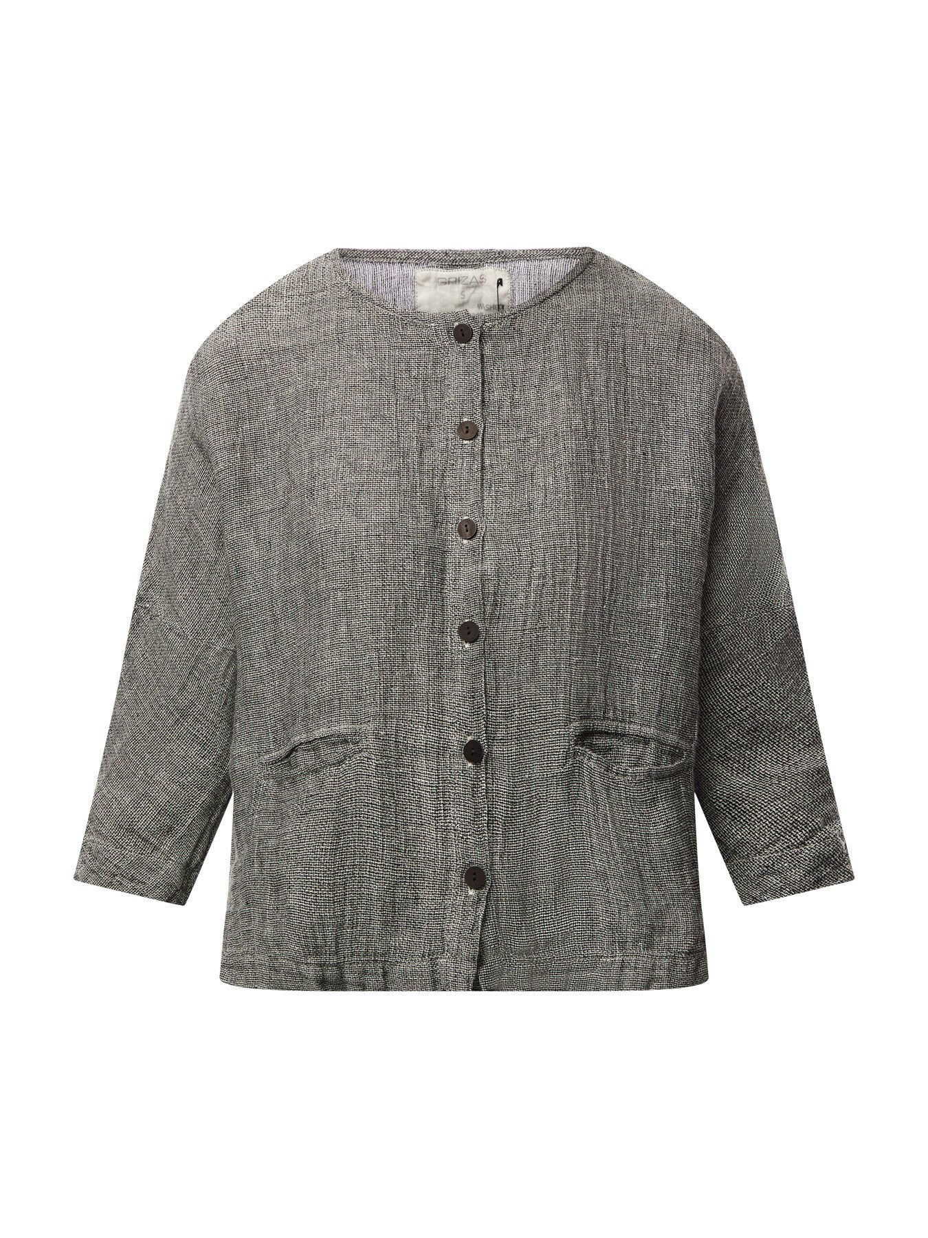 Collar Less Cropped Round Neck Tweed Linen Jacket