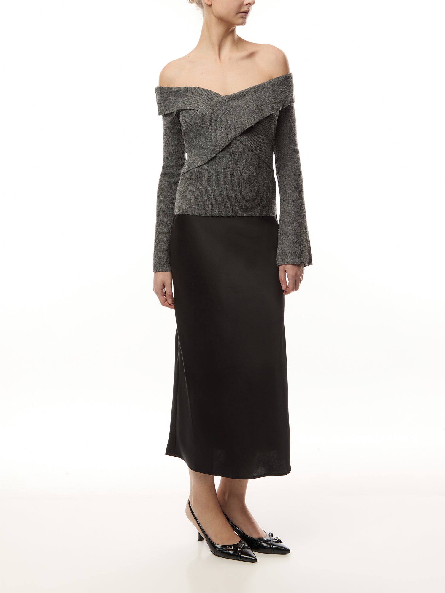 Daphne Cross Over Knit Top - Dark Grey