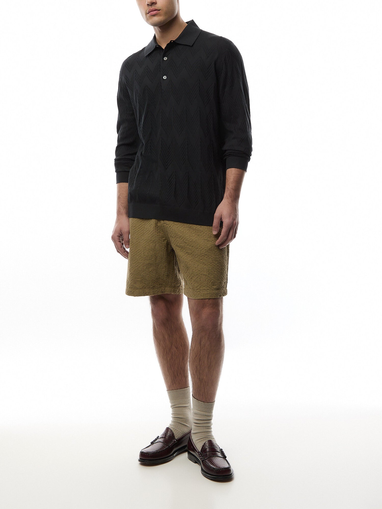 Tonal Zig Zag LS Knit Polo Shirt