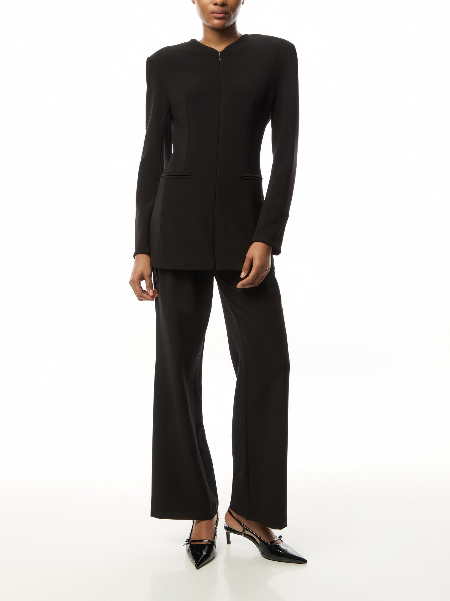 Ls Shoulder Pad V Neck Zip Front Jacket
