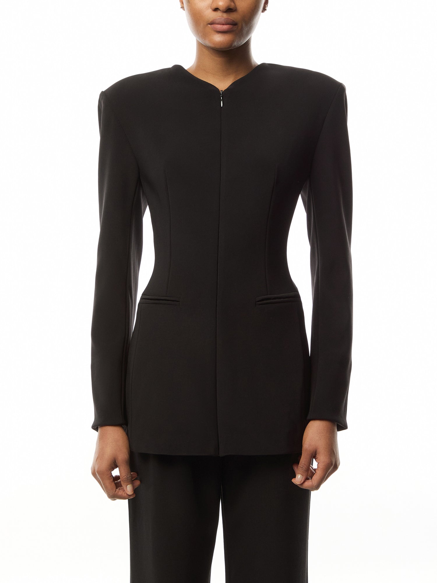 Ls Shoulder Pad V Neck Zip Front Jacket