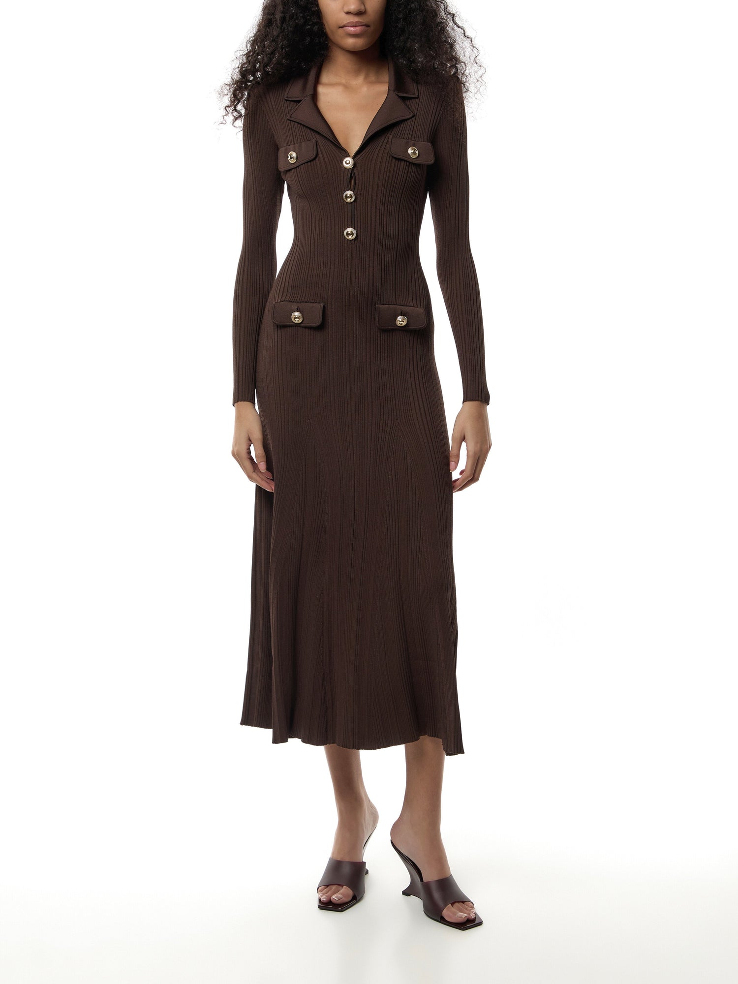Brown Viscose Rib Knit Midi Dress