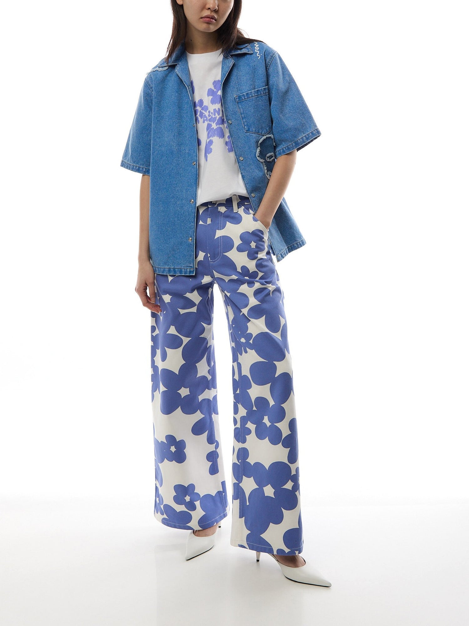 Marni Short Sleeve Denim Shirt with Floral Embroidery