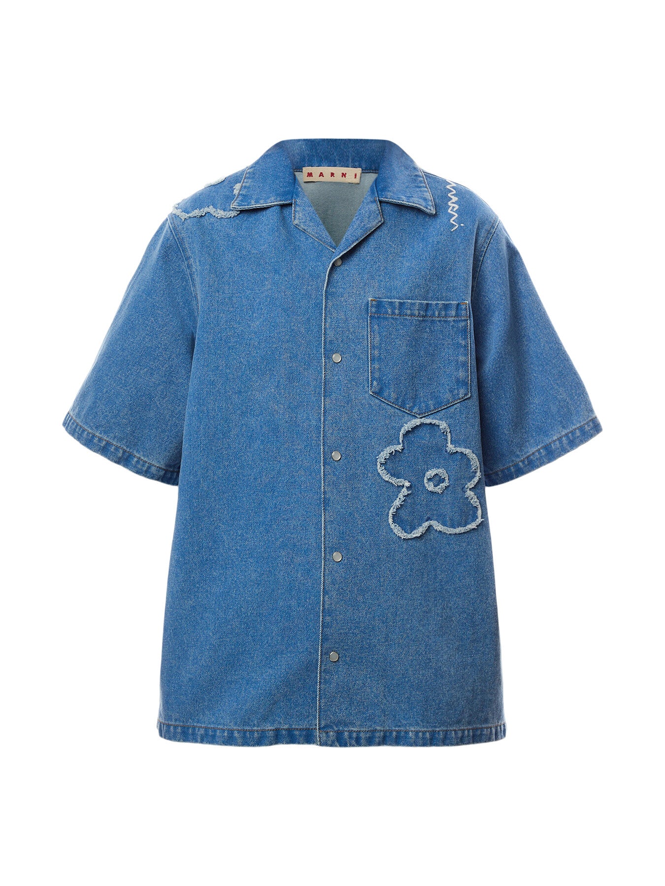 Marni Short Sleeve Denim Shirt with Floral Embroidery
