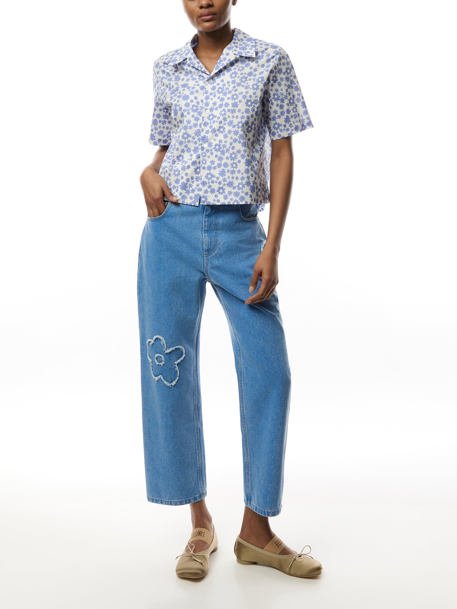 Poplin Bowling Shirt with Blue and White Pop Fields Motif