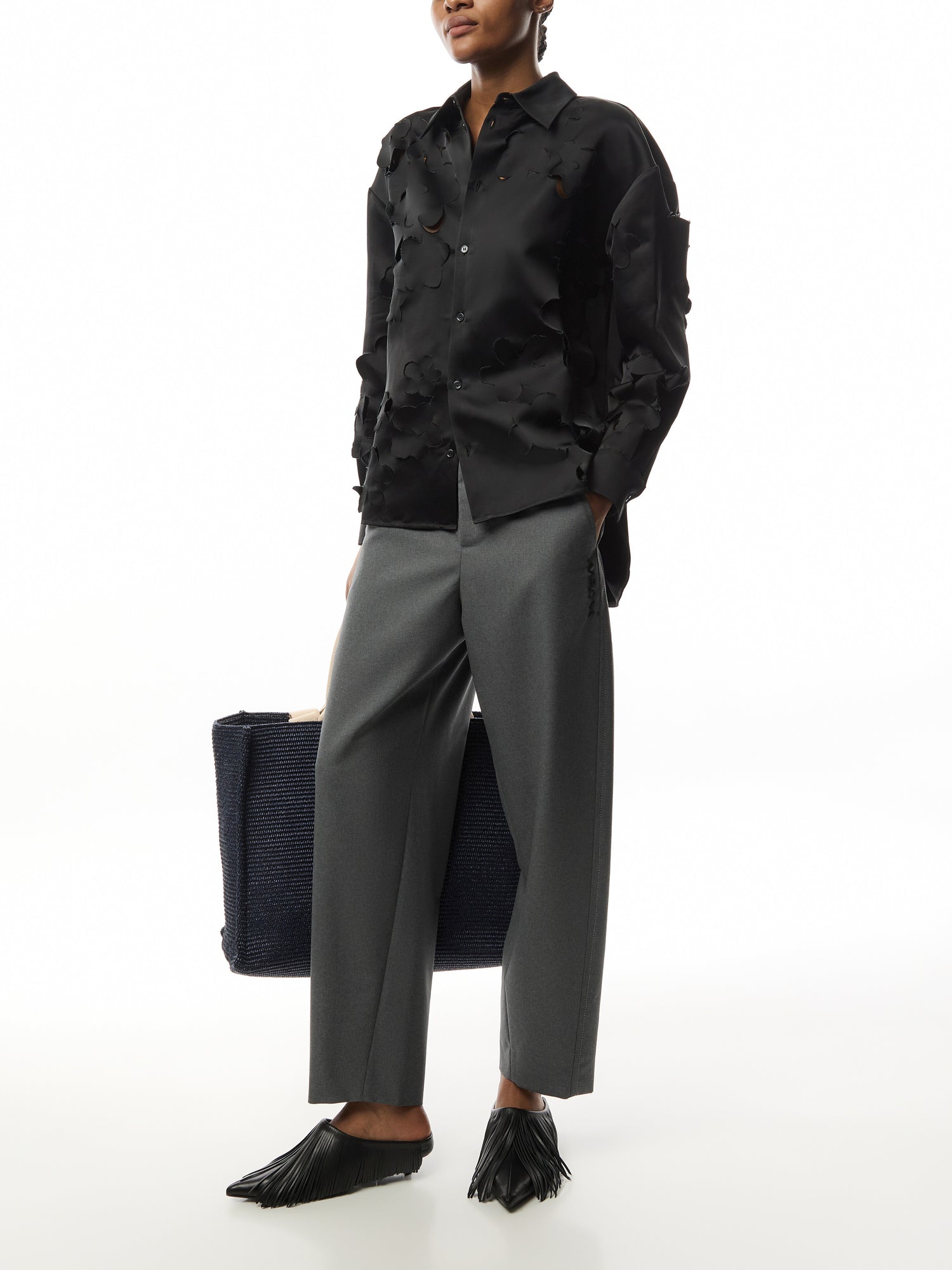 Black duchess satin shirt with cut out detail