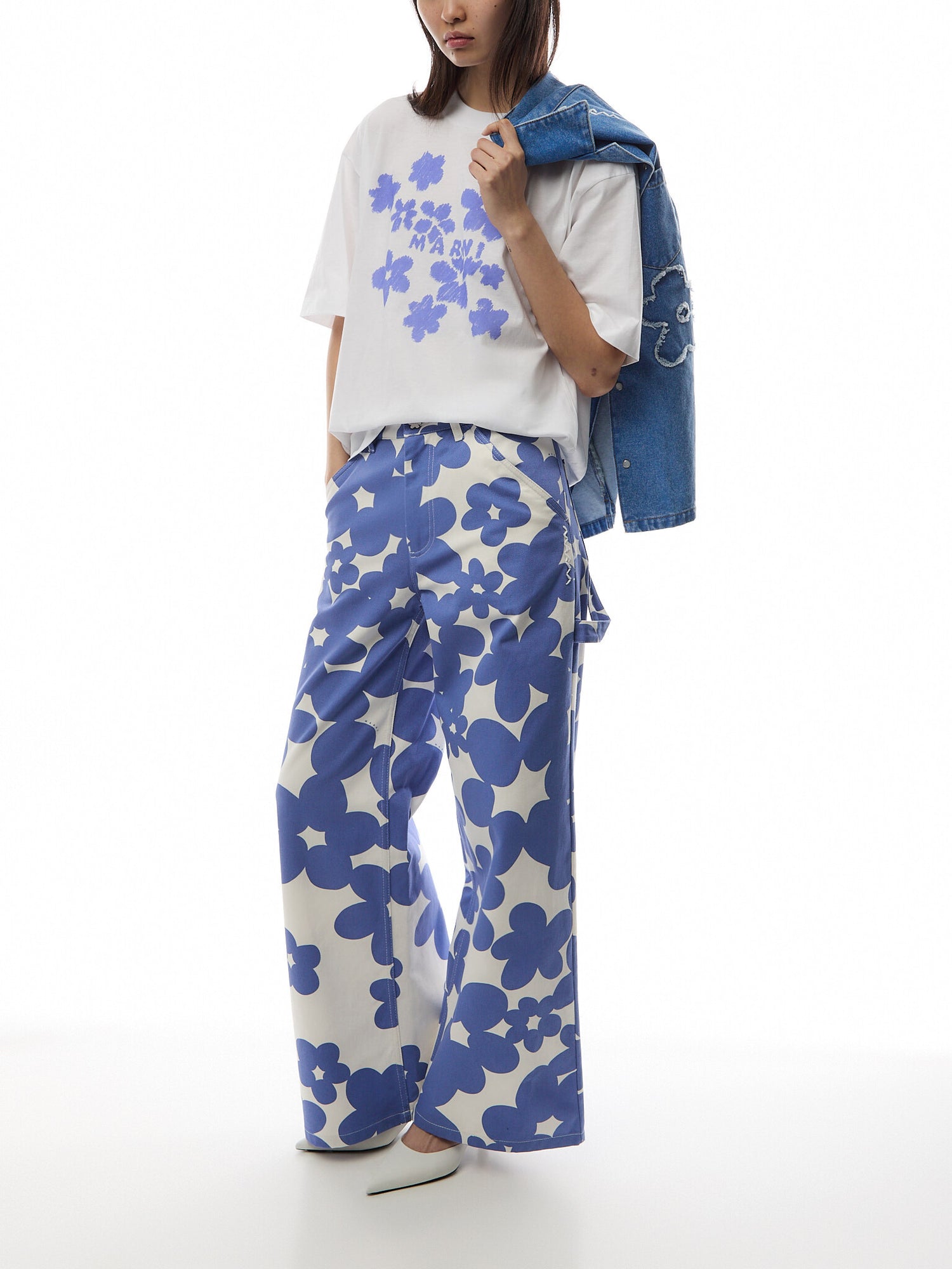 Marni Denim Wide Leg Trousers with Floral Print