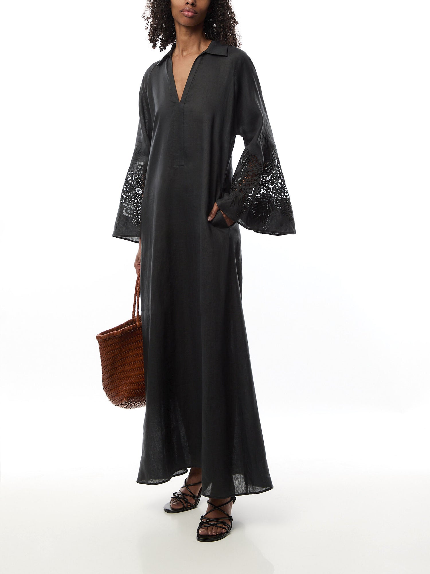 Strano Linen V Neck Kaftan Maxi Black